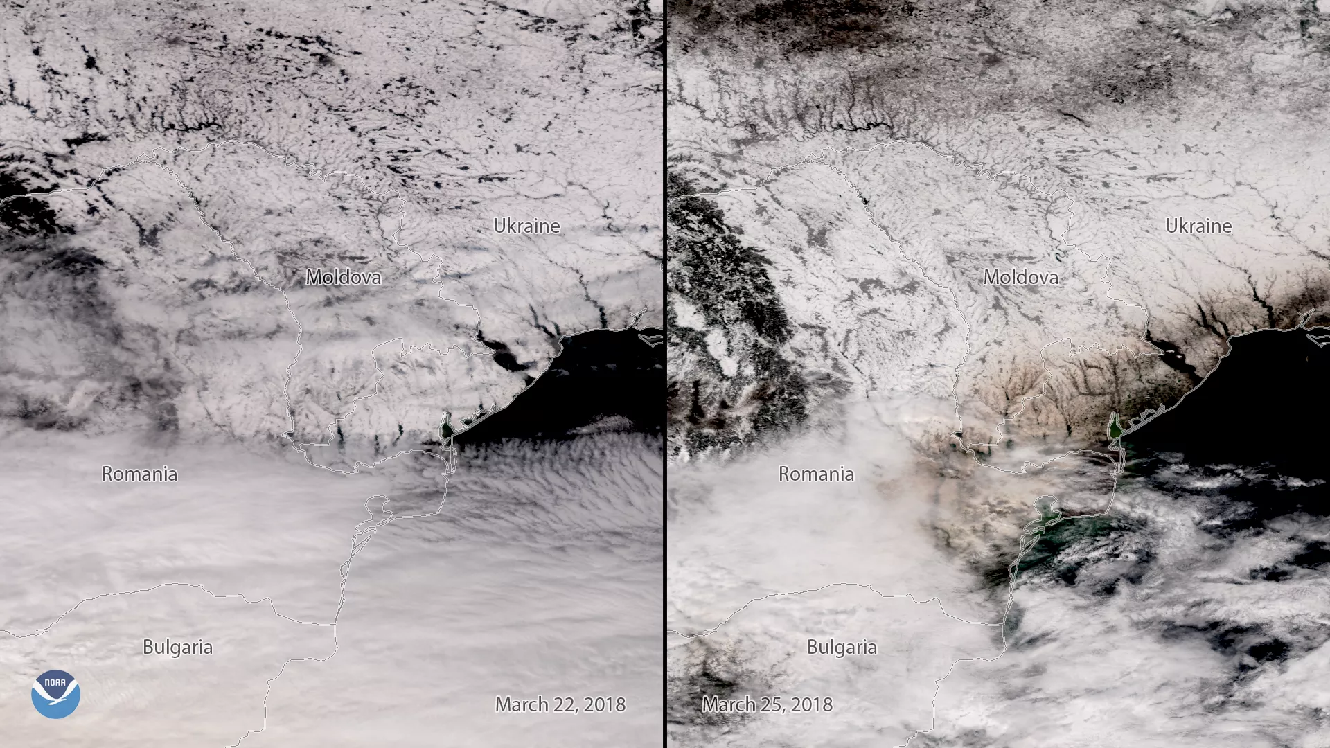 Image of Eastern Europe before and after a plume of dust from the Sahara Desert 