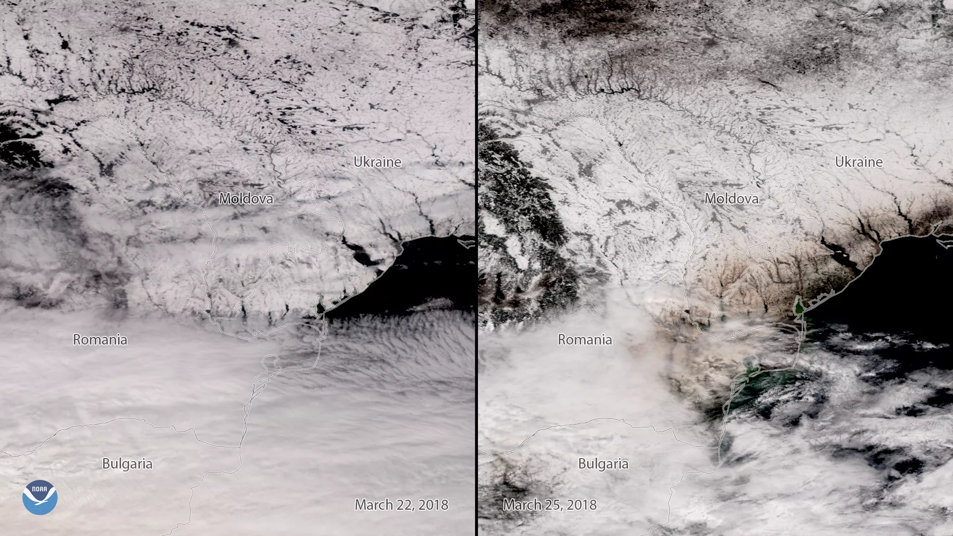 Image of Eastern Europe before and after a plume of dust from the Sahara Desert