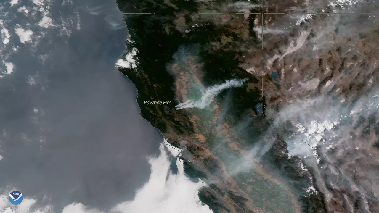Image of Plumes of smoke blow across northern California in the wake of several wildfires