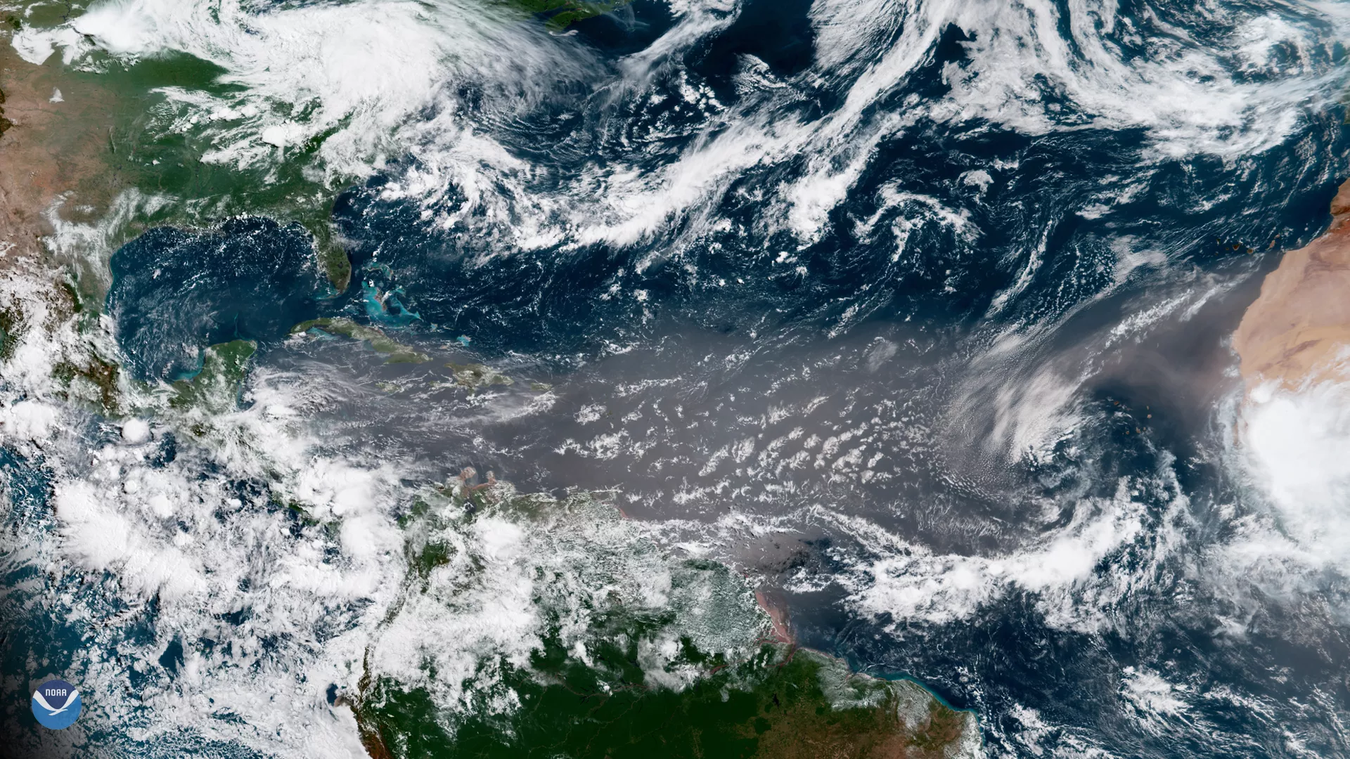 A satellite image of the central Atlantic Ocean between Africa and the Caribbean; a cloud of beige dust stretches from the west coast of Africa nearly to the edge of the Caribbean