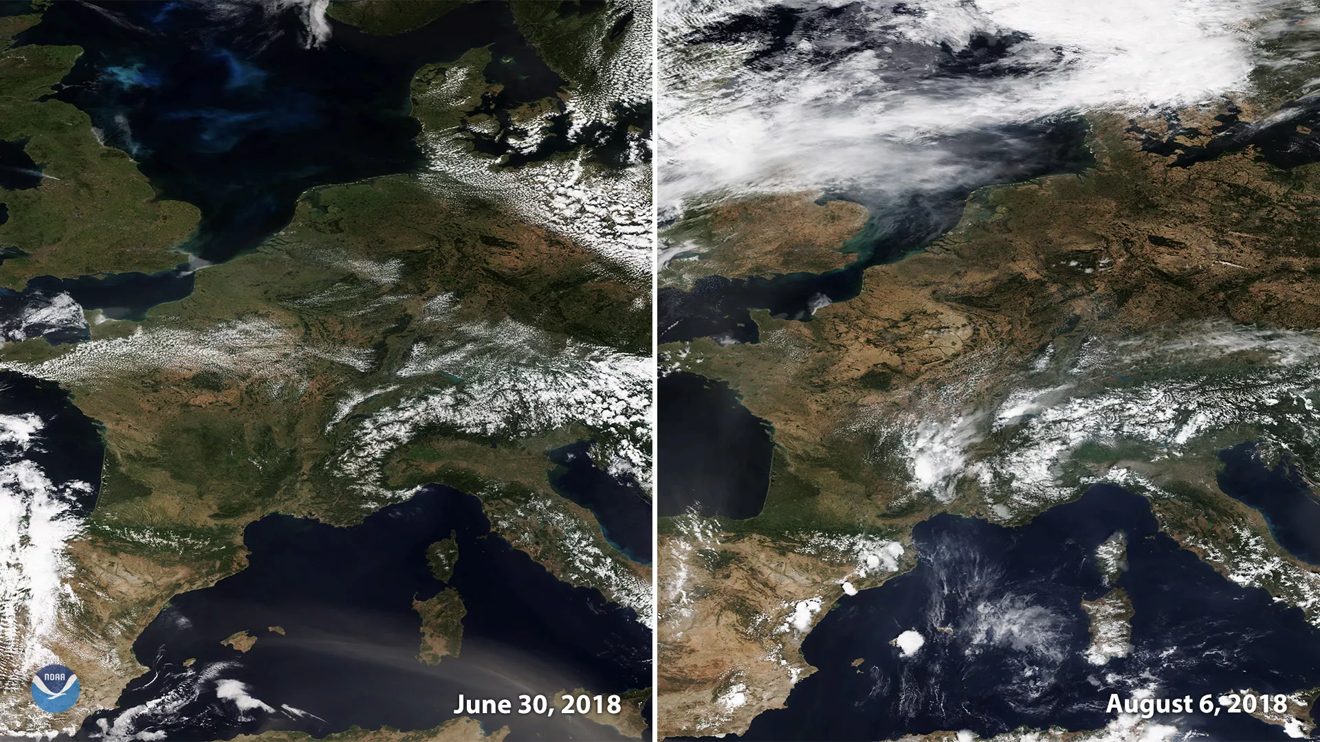 NOAA-20 imagery of Western Europe with numerous fires, comparing TrueColor imagery from June 2018 to August 2018.