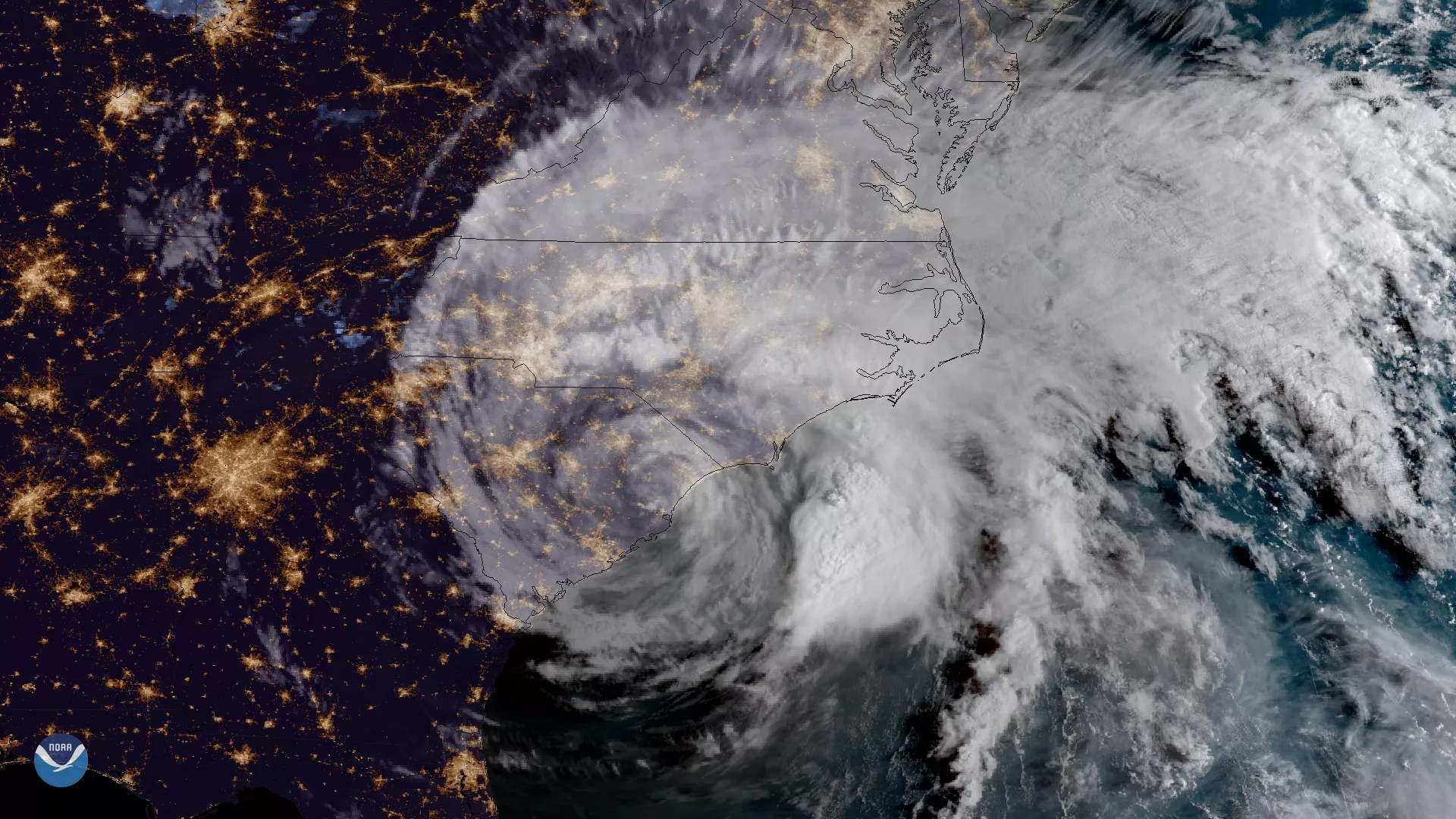 GOES East imagery of Tropical Storm Florence over the Carolinas on Sept. 15, 2018.