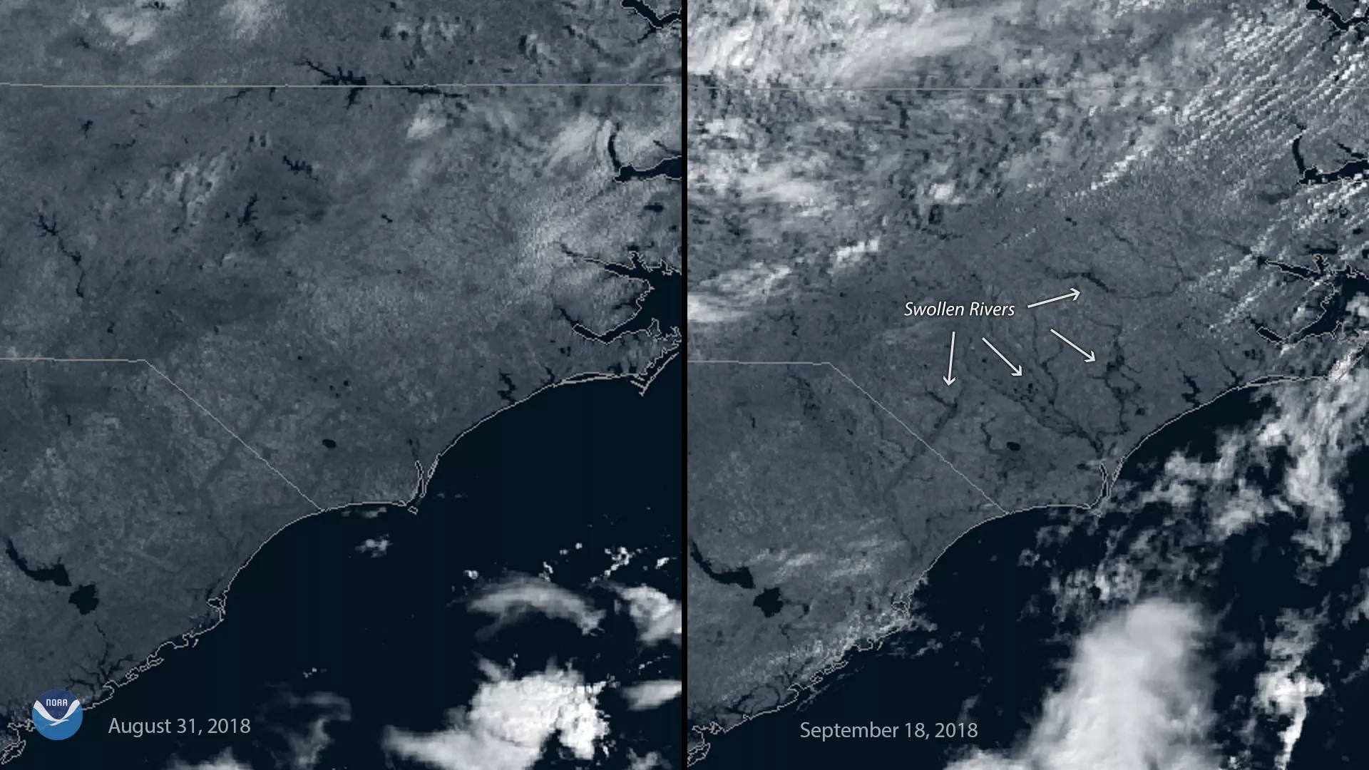 Before-and-after imagery from GOES East shows a changed landscape in southeastern North Carolina and flooding after Hurricane Florence.