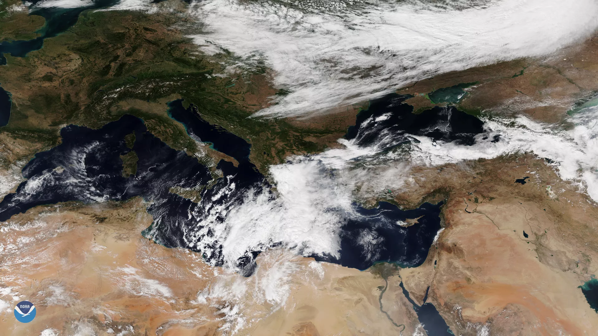 NOAA-20 captured this imagery of a developing "medicane" over the Mediterranean Sea. 