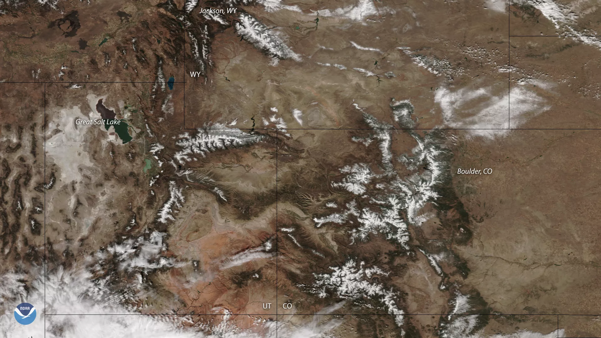 NOAA-20 imagery of the Rockies shows snow blanketing some areas on Oct. 16, 2018.