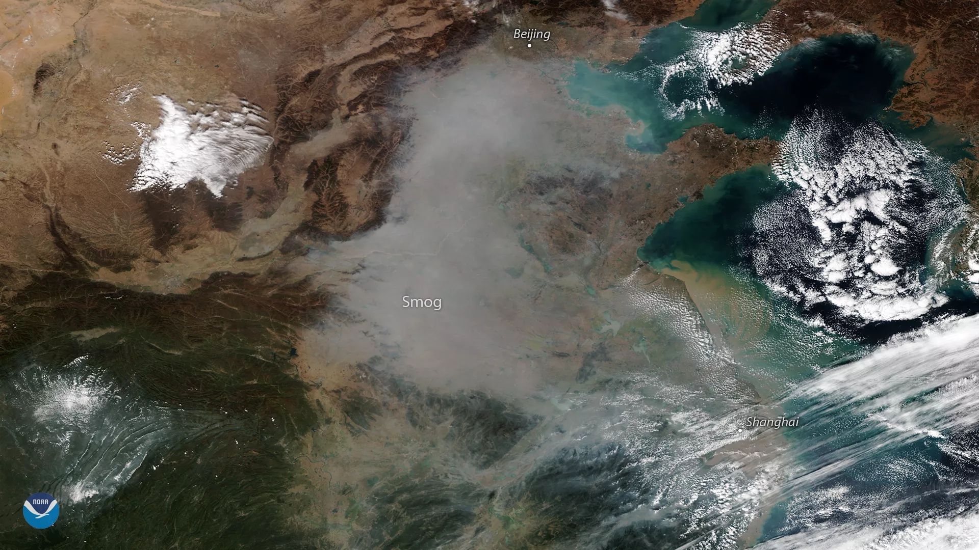 A plume of smog appears over northeastern China in this true-color image seen from the NOAA-20 satellite on October 31, 2018.