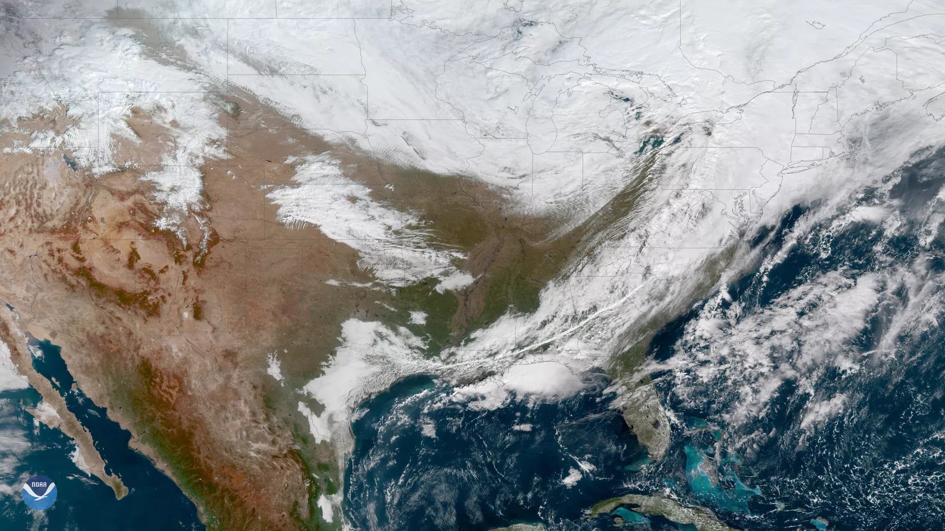 GOES East imagery of sprawling storm system spanning large areas of the U.S.
