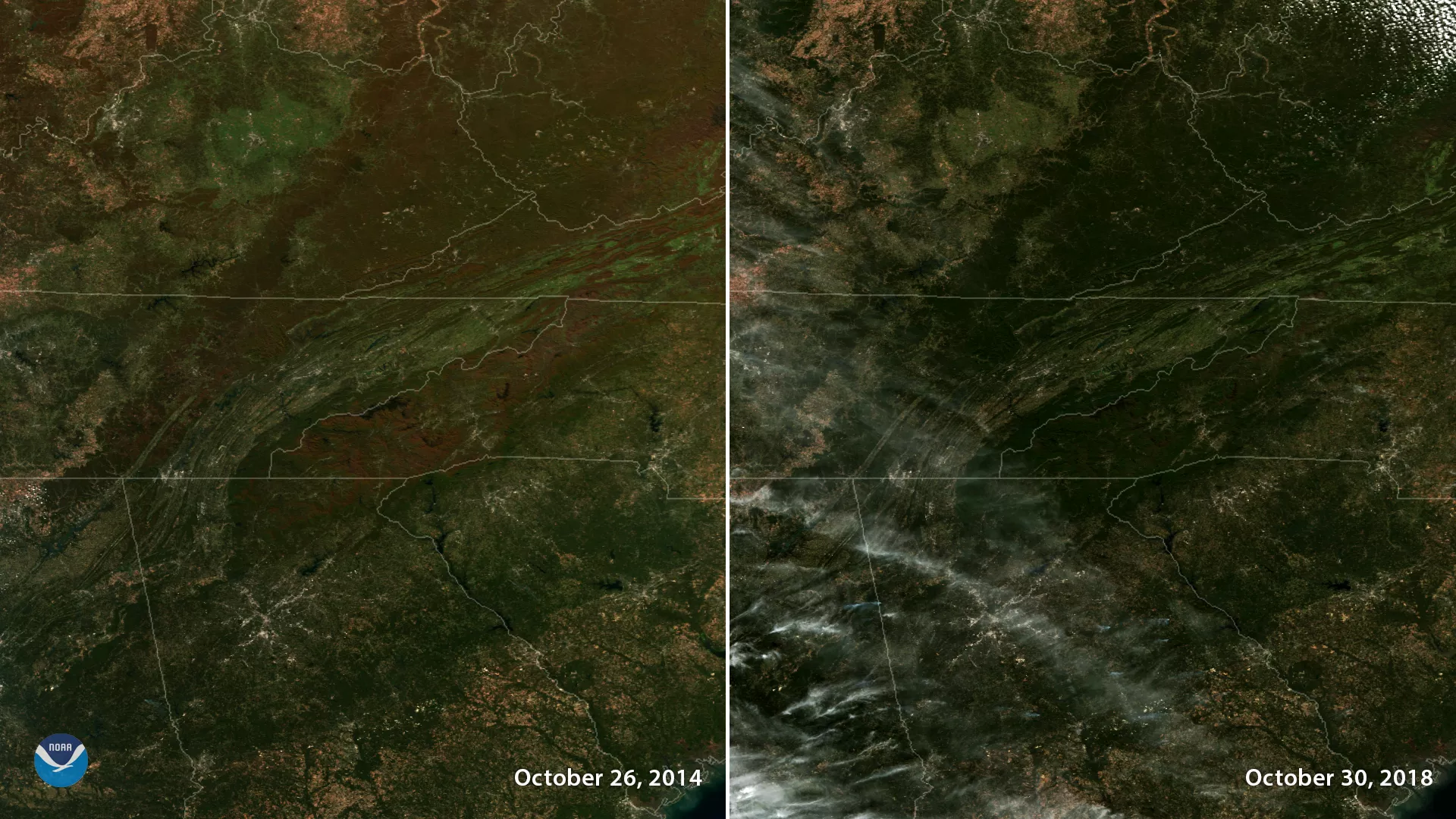side-by-side satellite imagery shows peak foliage vs. more green, less advanced color change on the ground.
