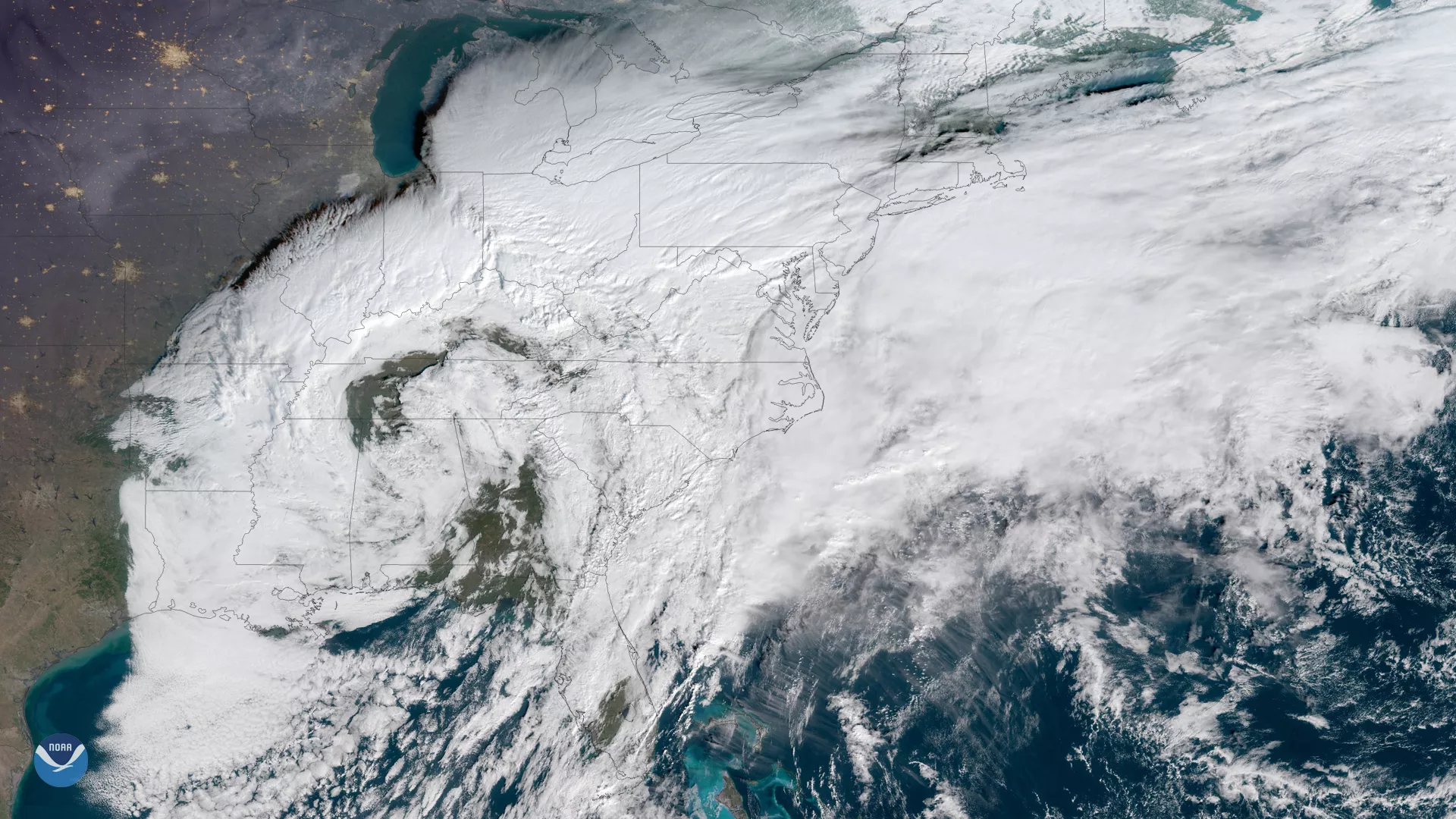 GeoColor imagery of U.S.' east coast and a storm that drenched parts of the Mid-Atlantic, taken Dec. 2018. 