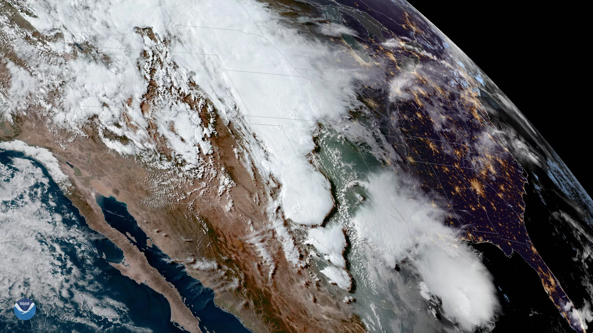 Storm clouds covering portions of Texas, Oklahoma, Kansas, and Nebraska