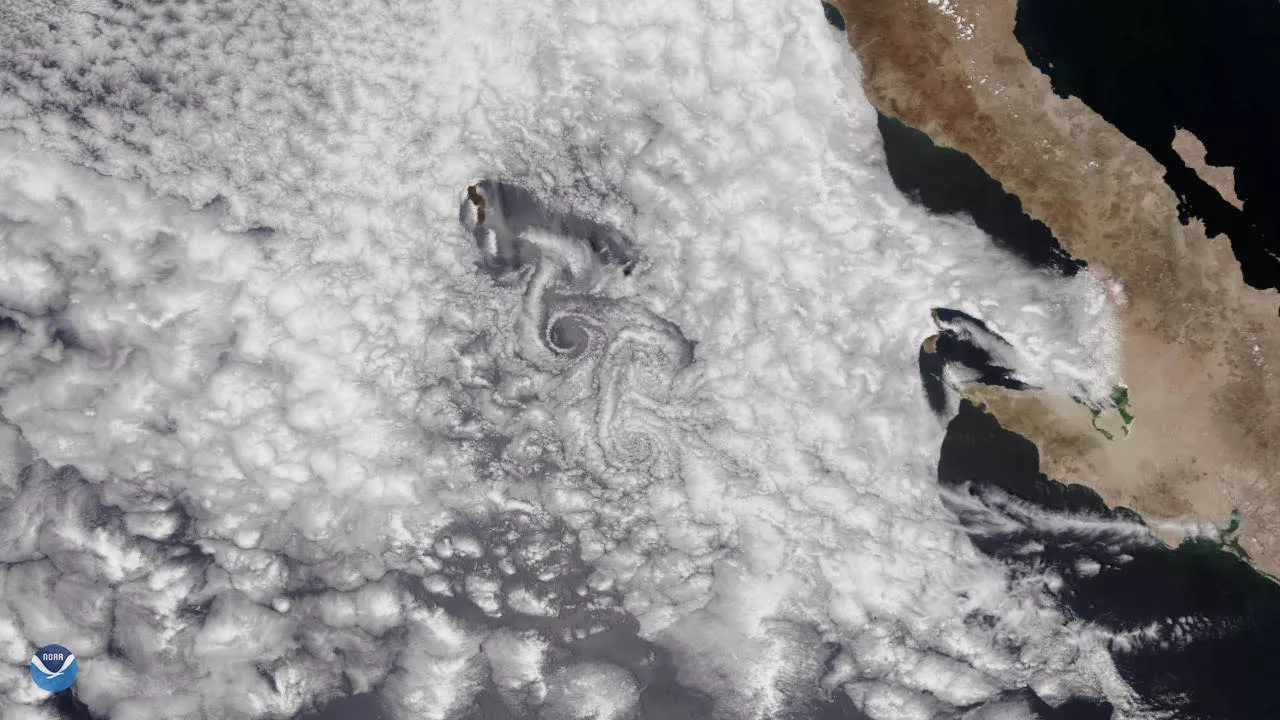 Spiraling cloud pattern, Von Karman Vortex, near the Baja California Peninsula