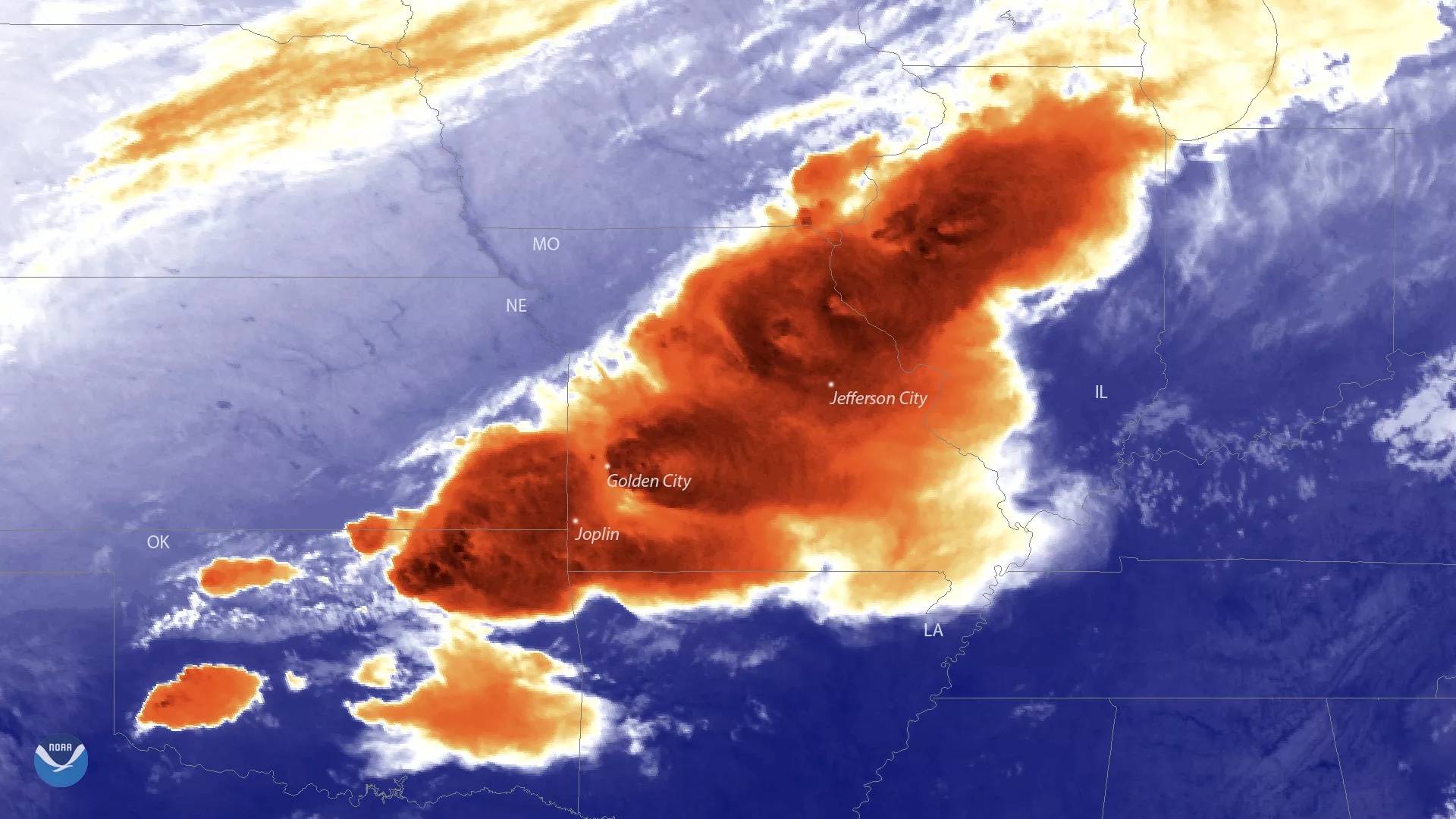 Infrared view of severe weather across parts of Missouri and Oklahoma