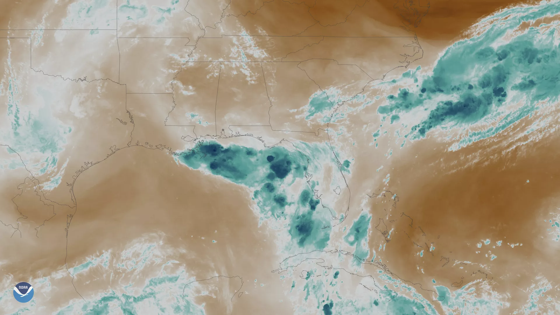 A broad area of low pressure in  the Gulf of Mexico, from July 9, 2019, via water vapor imagery from GOES East,