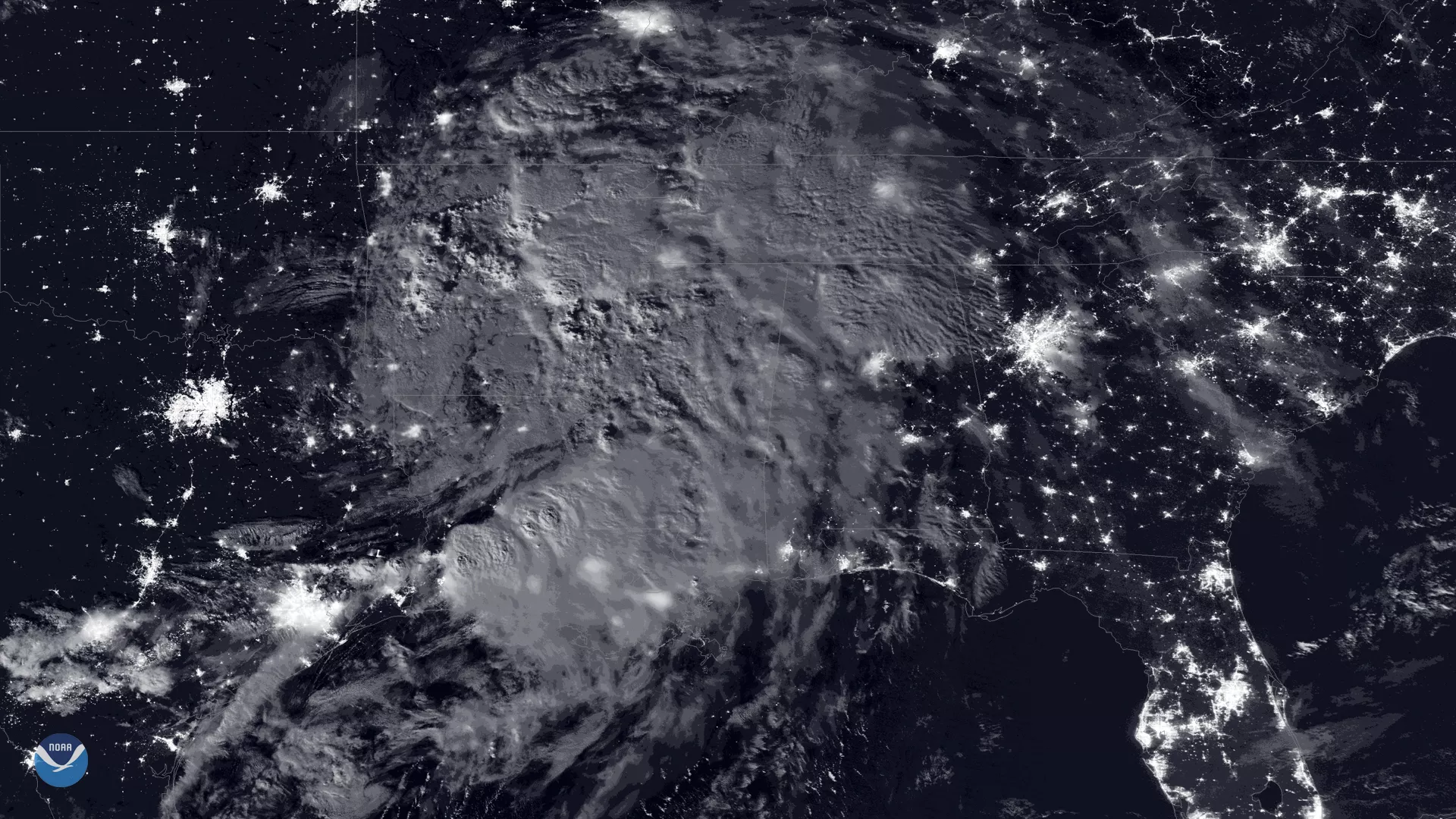 DNB imagery, from NOAA-20's VIIRS, of Tropical Depression Barry in the Mississippi Valley on July 15, 2019,
