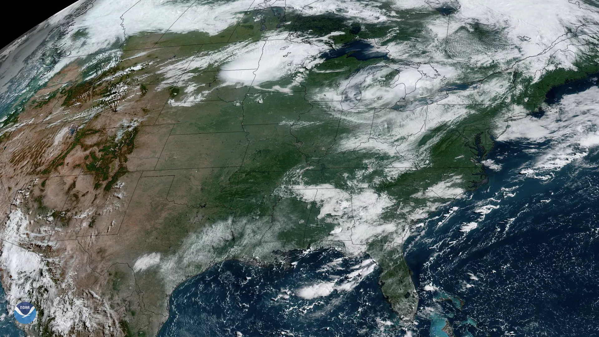 GOES East GeoColor satellite imagery of storms over the Upper Midwest on Friday, July 19, 2019 Areas shown include South Dakota, Minnesota, and Wisconsin.