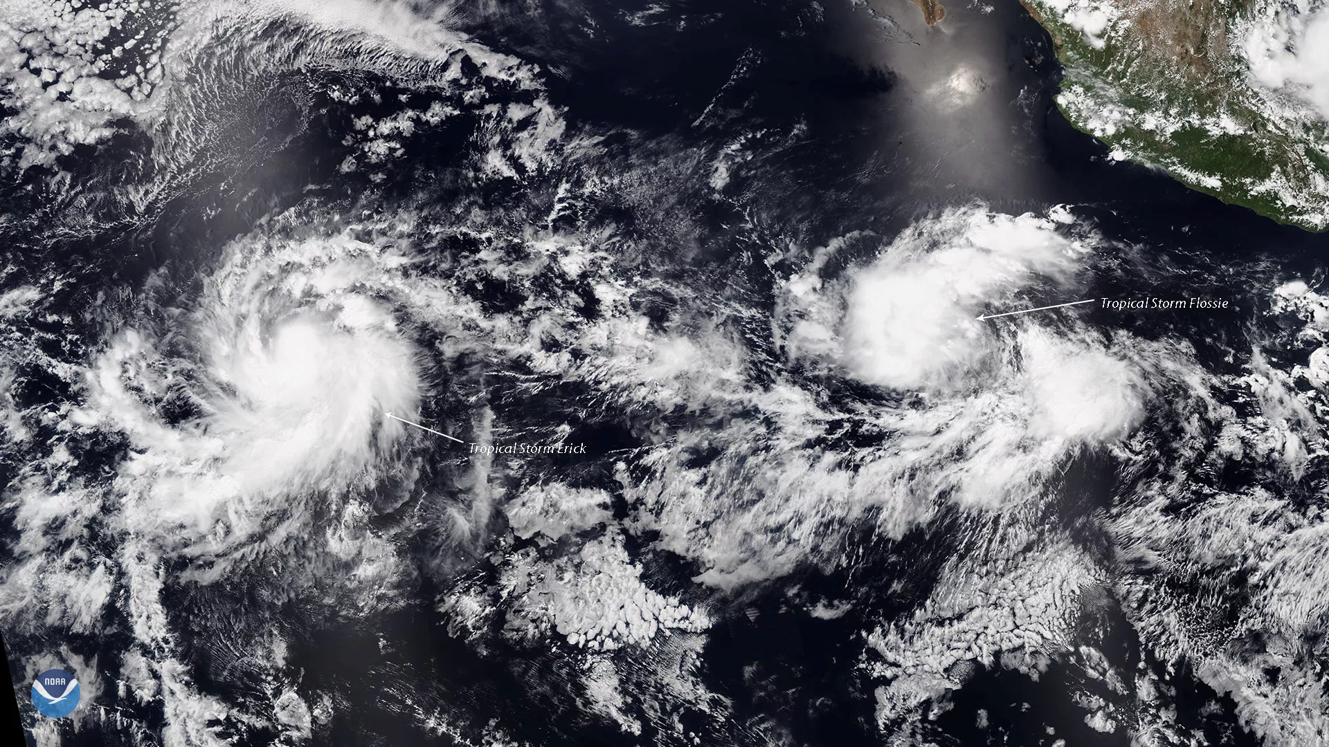 True Color imagery from the NOAA-20 satellite of Tropical Storms Erick and Flossie, seen together on July 28, 2019.