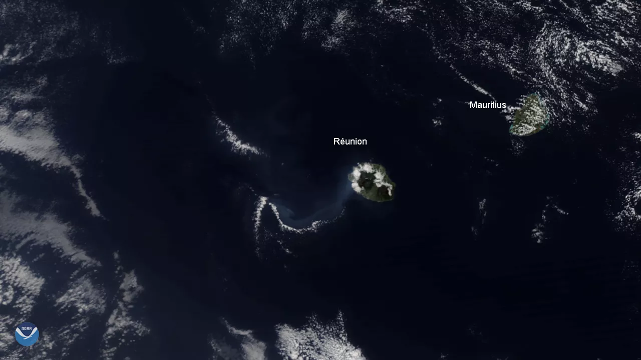 NOAA-20 True Color satellite imagery of Piton de la Fournaise volcano on Réunion Island, off the Eastern coast of Madagascar.