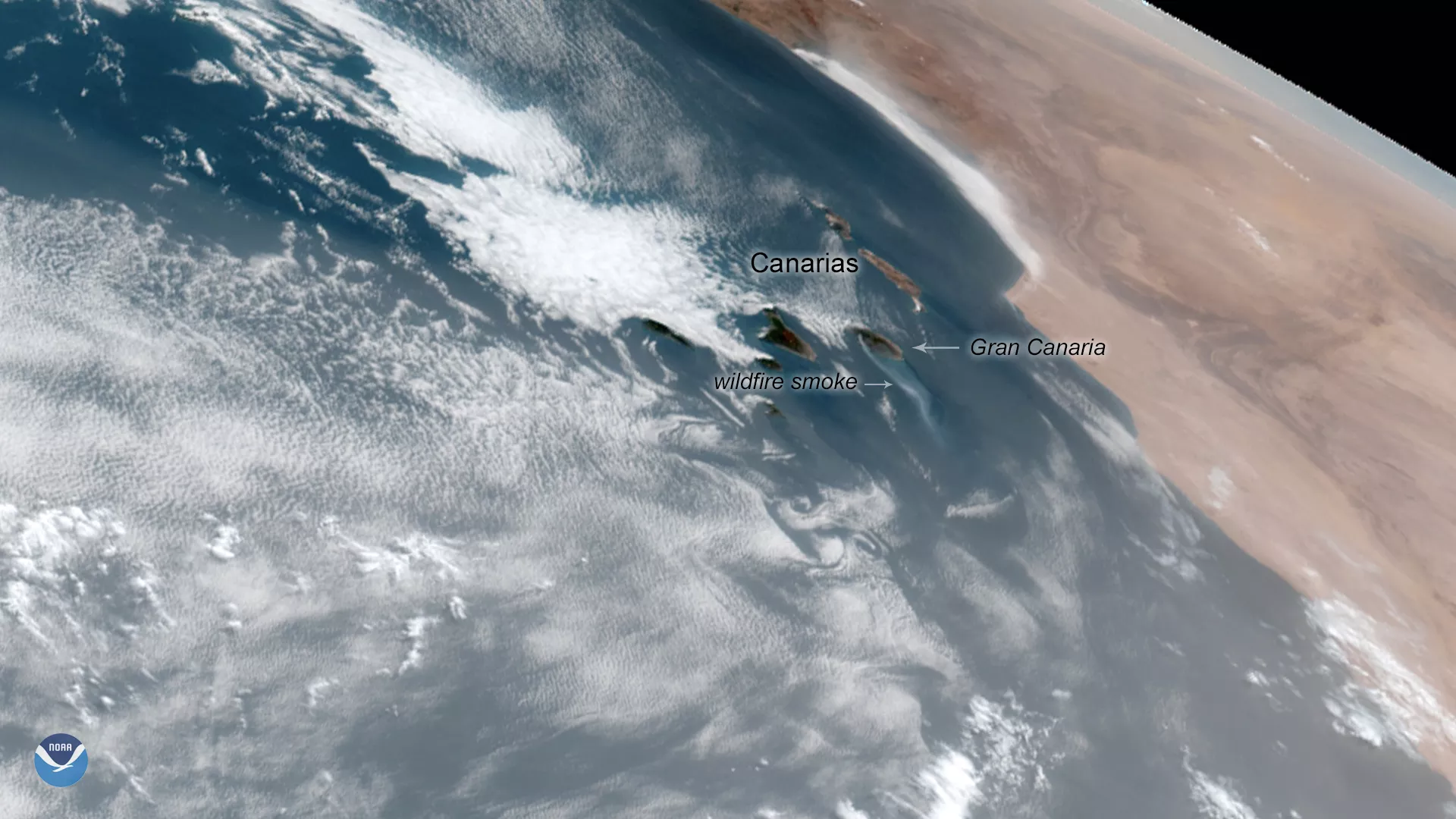 GOES East GeoColor imagery of wildfire burning on the Island of Gran Canaria in Spain’s Canary Islands.