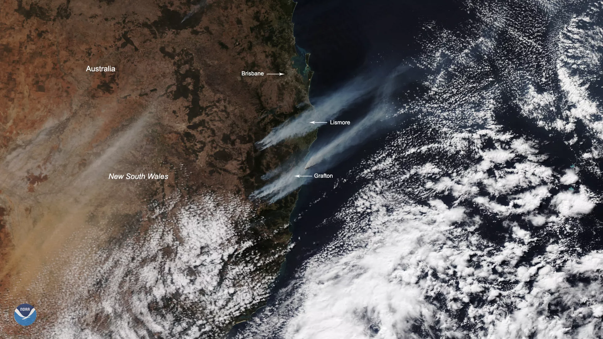 New South Wales and Queensland, Australia fire imagery via NOAA-20's VIIRS, Sept. 2019.