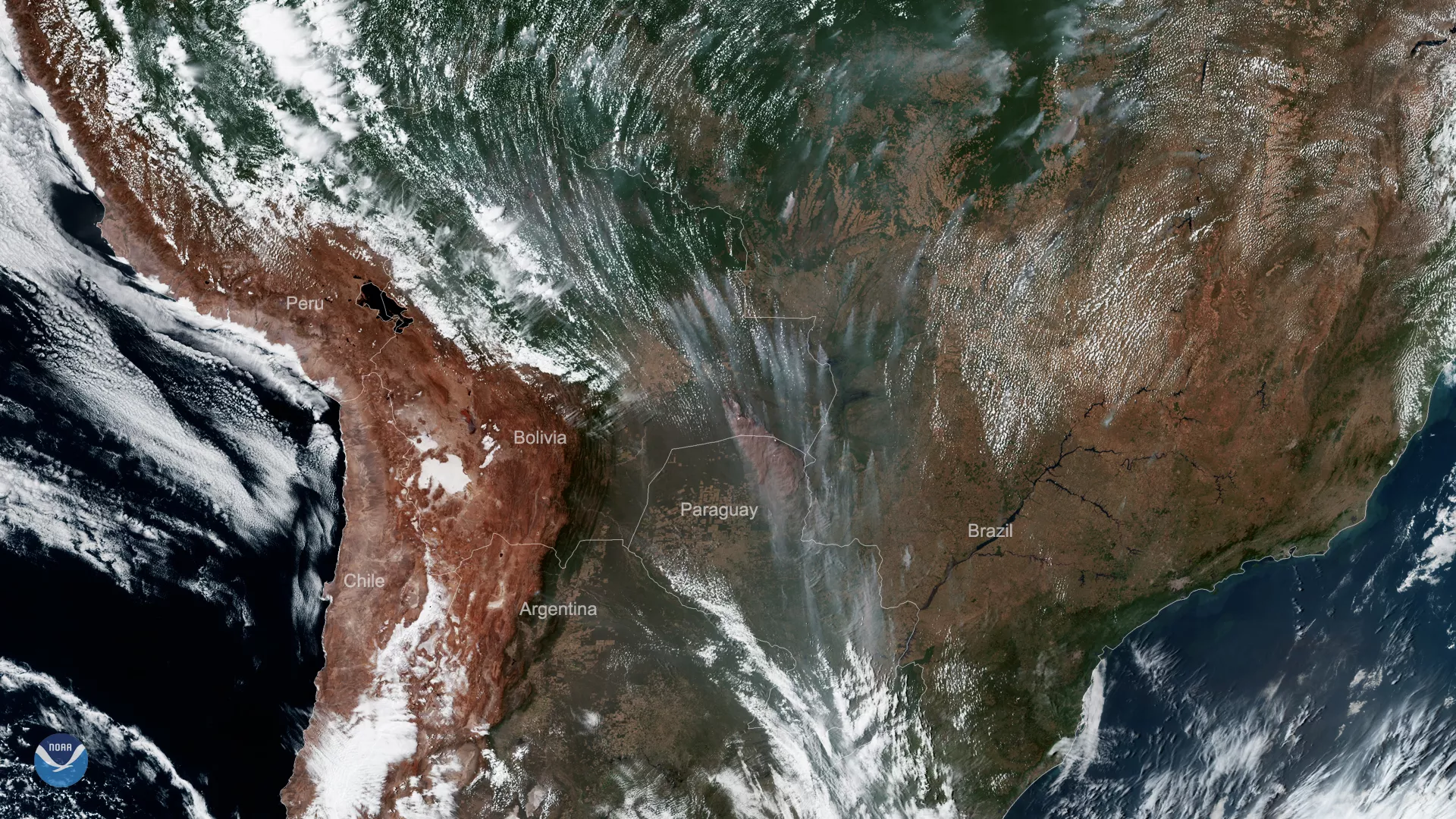 GOES East captured this image of smoke plumes on Sept. 9, 2019 across Brazil, Bolivia, and Paraguay.