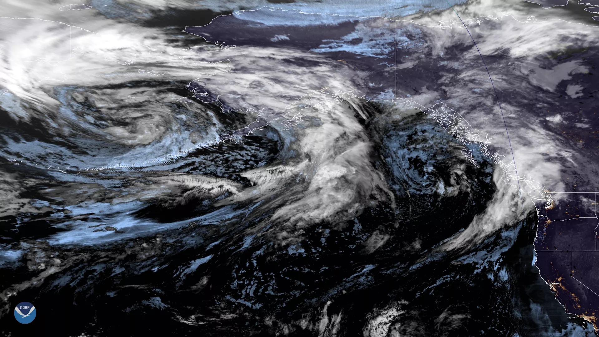 A large low-pressure system over the northern Pacific is making its way to the West Coast in this merged imagery by NOAA’s GOES East and West satellites on Sept. 12, 2019.