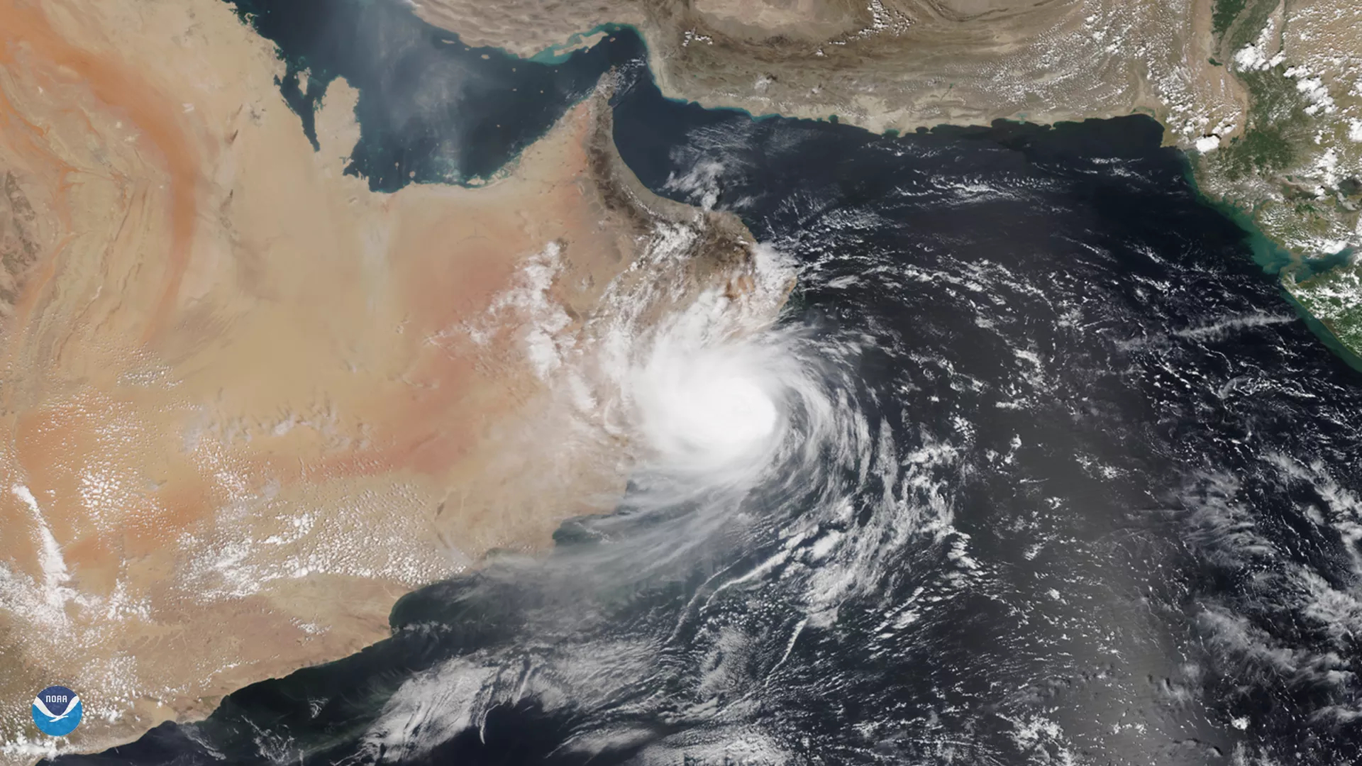 Tropical Cyclone Hikaa via the NOAA-20 satellite on Sept. 24, 2019 in TrueColor imagery, making landfall over Oman.