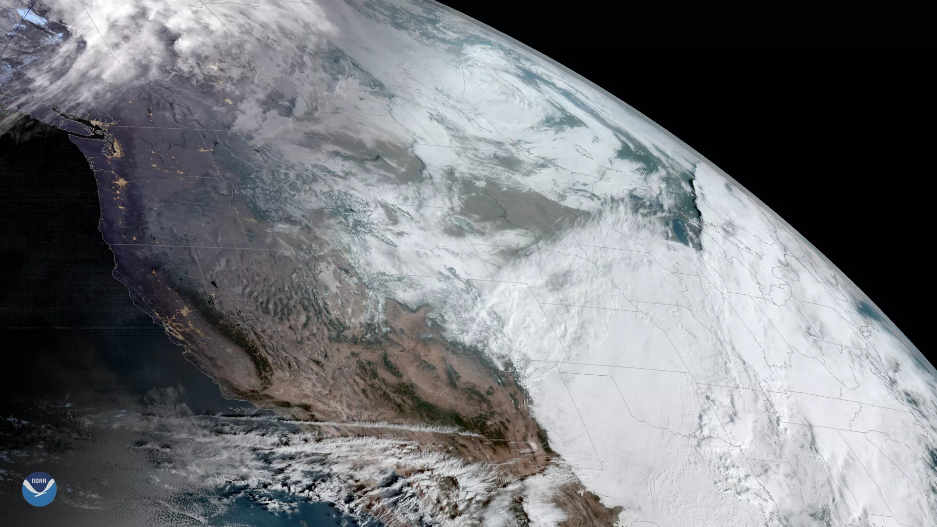 GOES West imagery of a snowstorm from the Plains and Midwest and the Rocky Mountains, , along with an area of low pressure interacting with a mass of arctic air brought southward by a jet stream plunge.