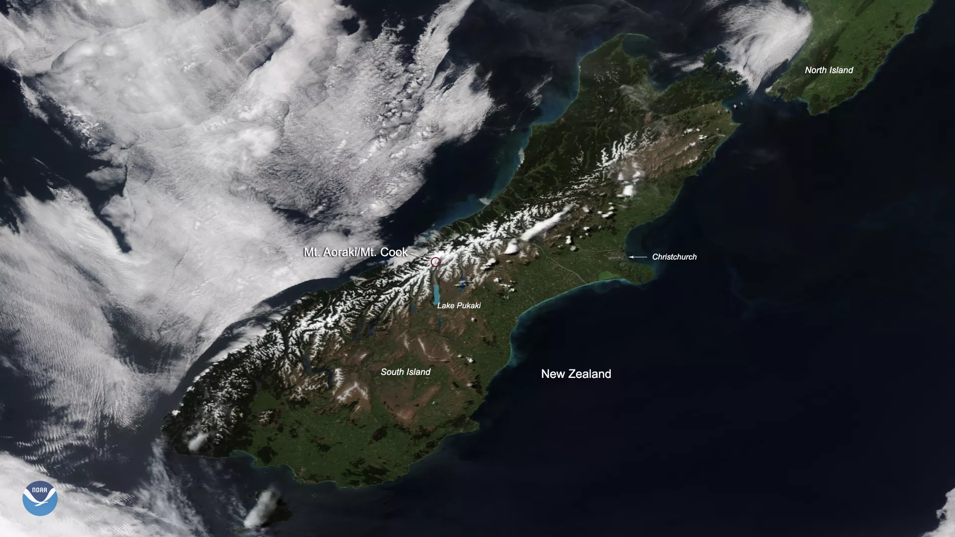 NOAA-20  TrueColor satellite imagery of New Zealand’s Southern Alps,  with gleaming snow cover, on Nov. 3, 2019.