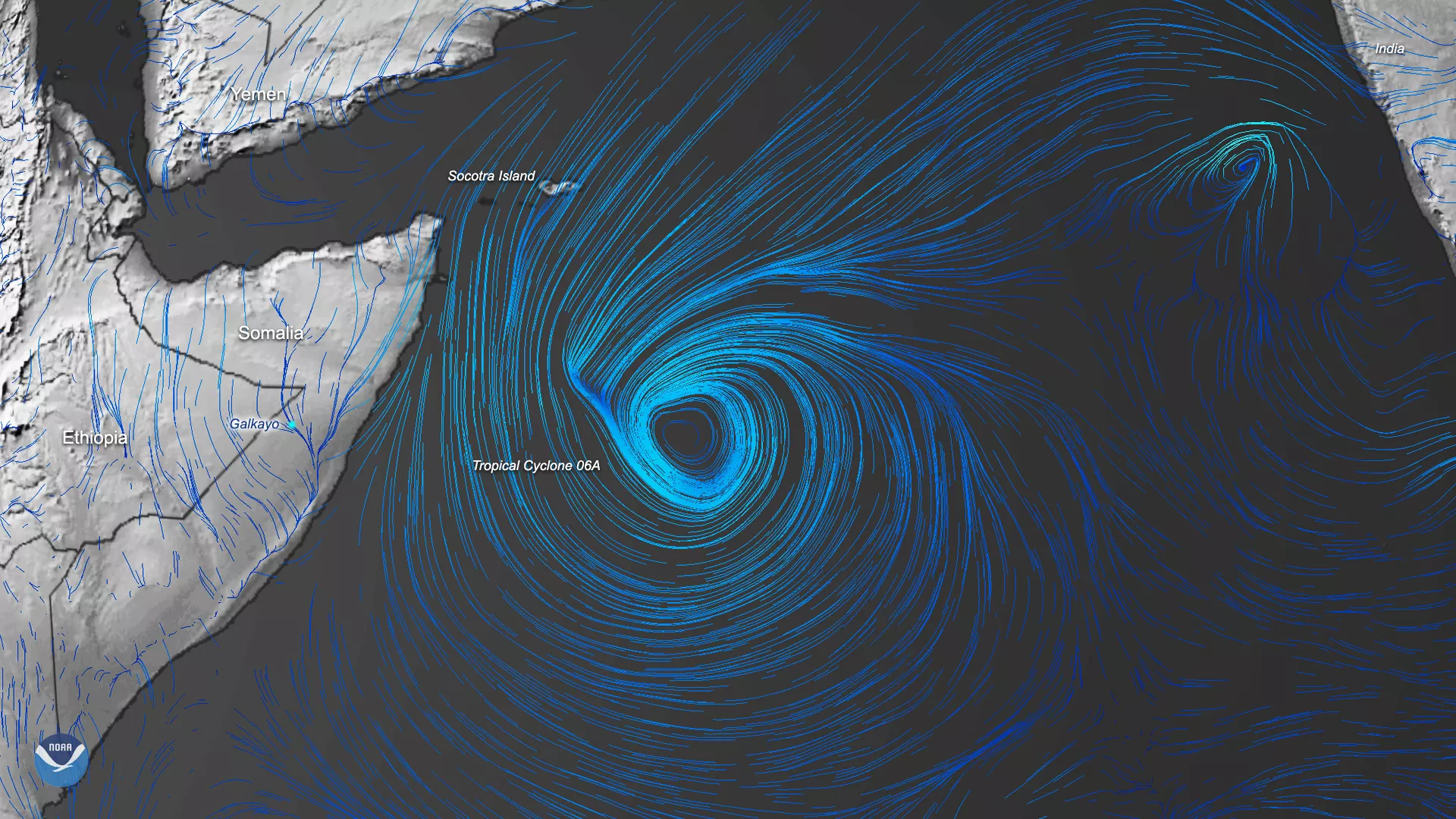 Imagery of tropical cyclones 06A and 07A, from a combination of the Global Winds data set from the Global Forecast System (GFS) model, from NOAA weatherView.