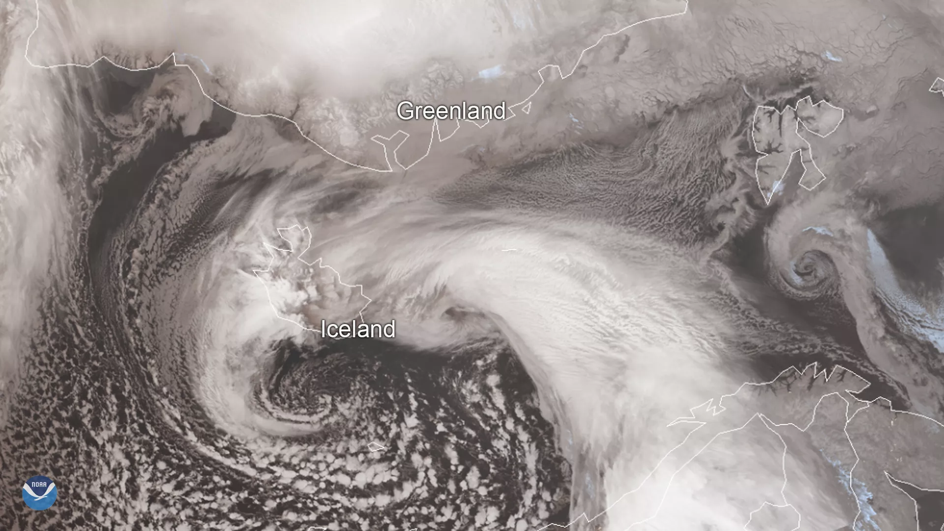 NOAA-20 True Color imagery of Iceland’s worst winter storm of the year, which hit the country on Dec. 10, 2019. Greenland is adjacent.
