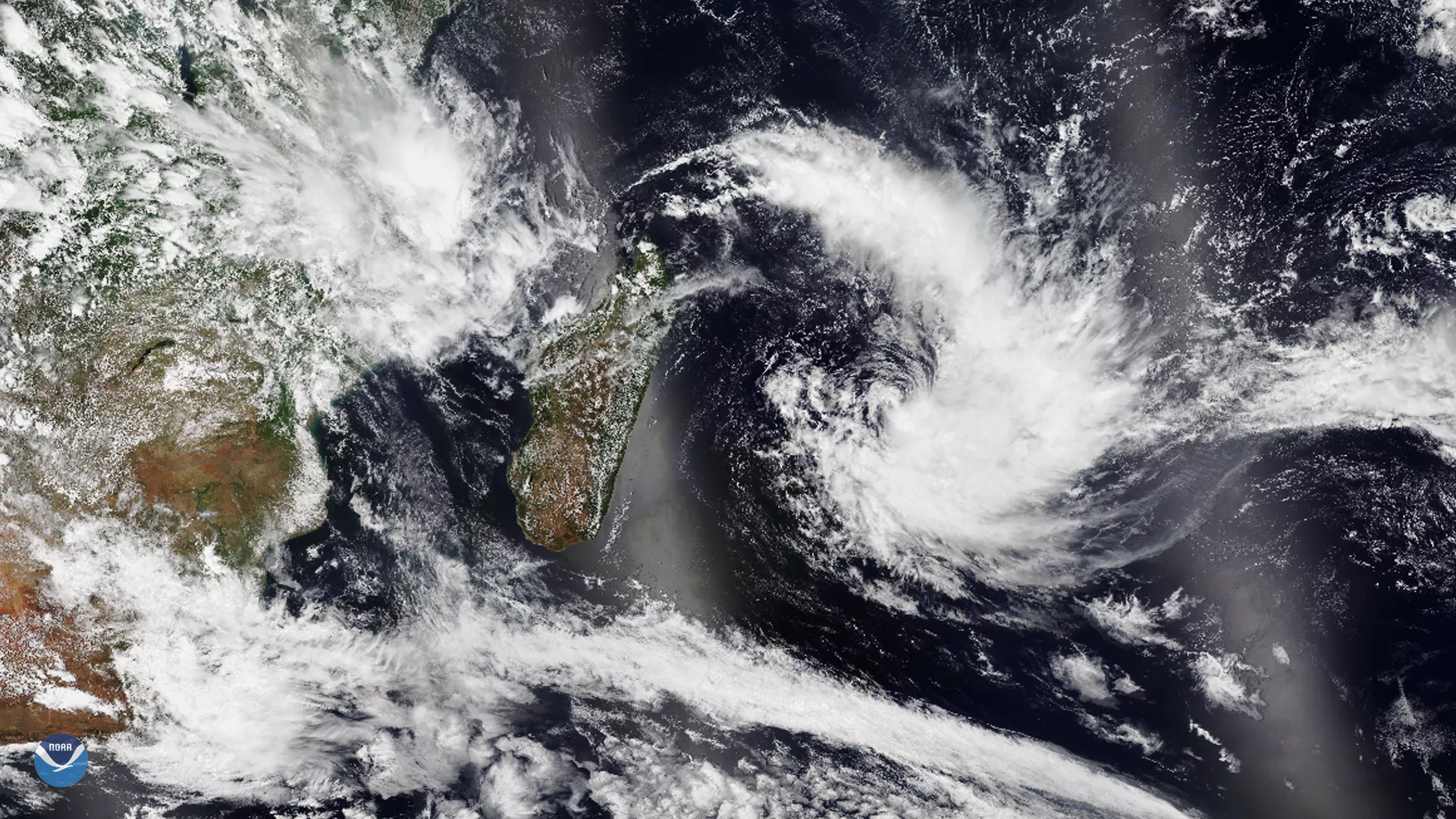 The NOAA-20 satellite capture of tropical cyclone Calvinia in the southern Indian Ocean, near the small island of Mauritius on Dec. 29, 2019.
