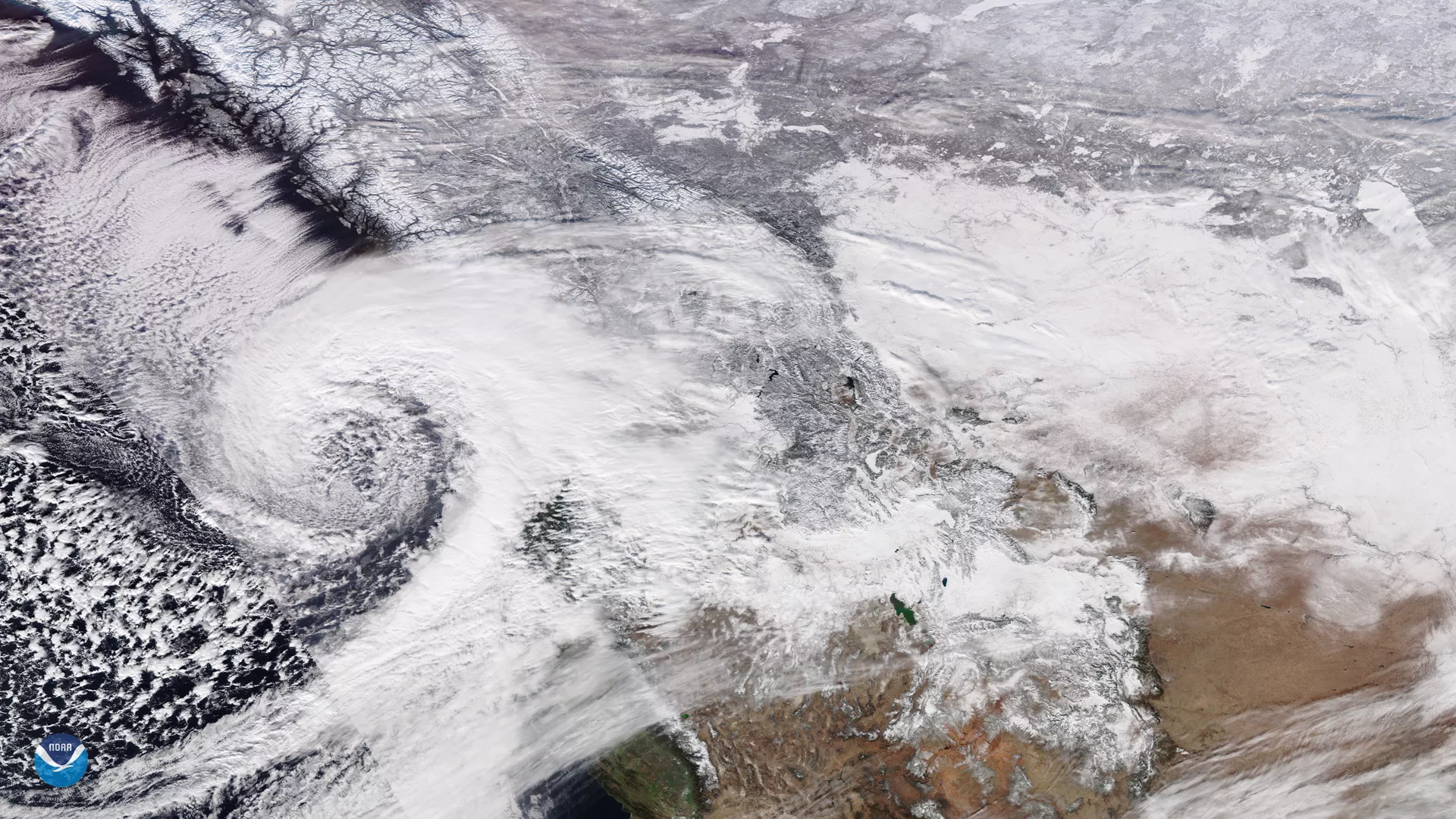 NOAA-20 TrueColor view of a low pressure system that has been bringing snowfall into British Columbia, Jan. 2020. 