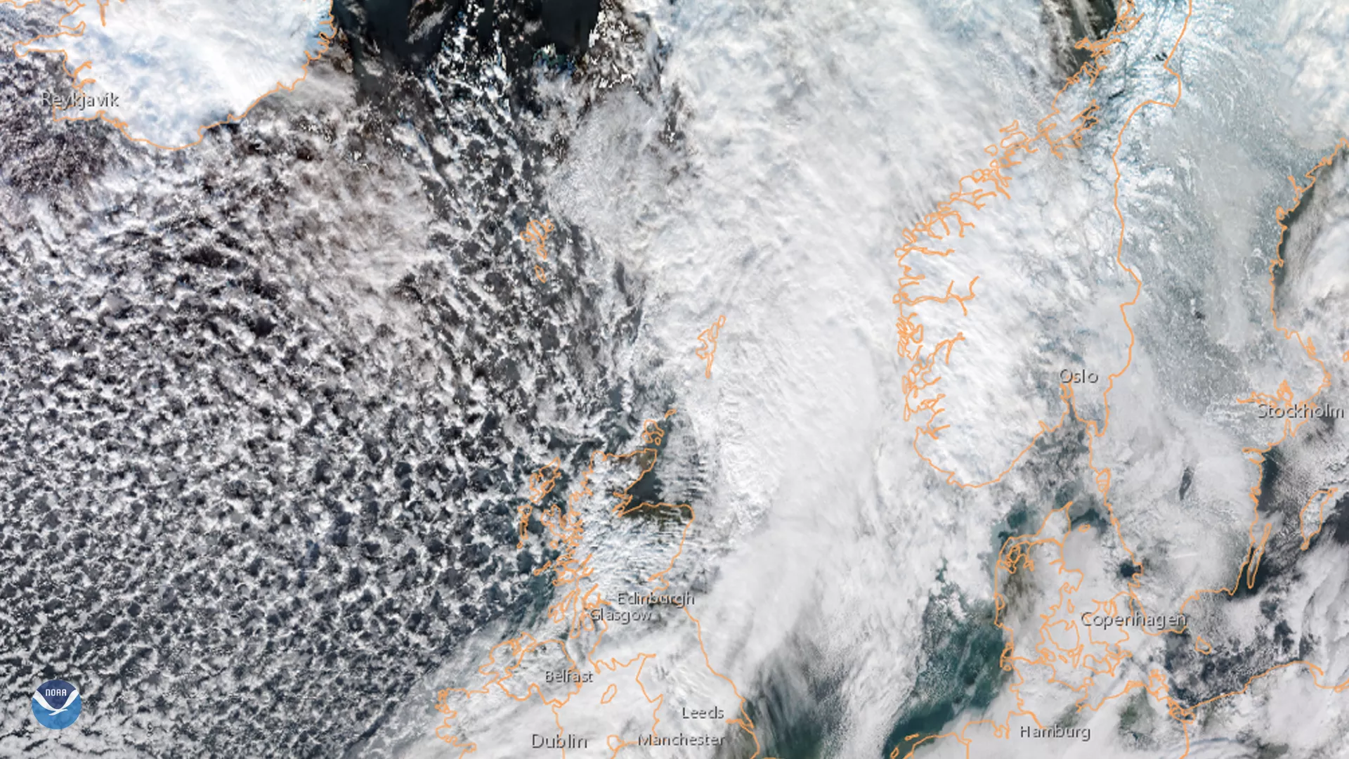 A broad cyclone over Greenland, seen via the NOAA-20 satellite on Jan. 2, 2020,