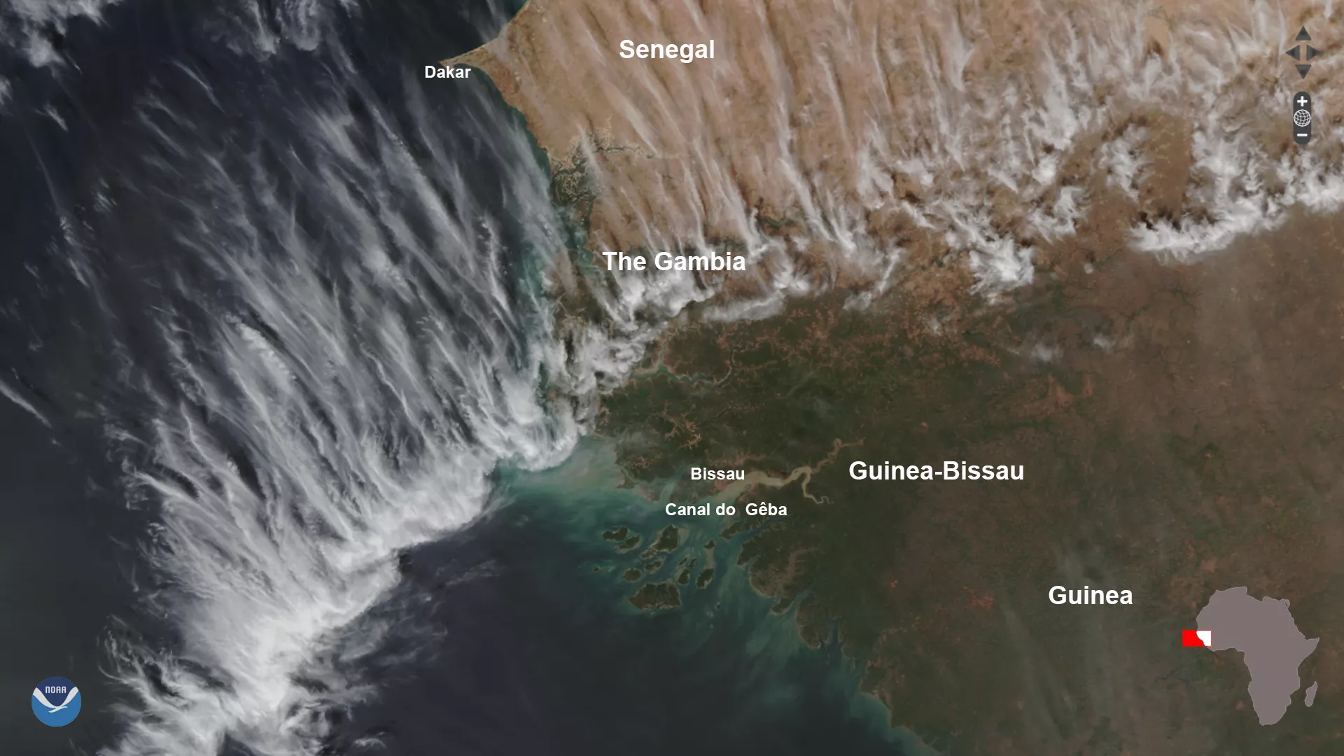 A NOAA-20 satellite capture of the West African coast, showcasing a combination of various cirrus types, which include cirrocumulus (which have a more rippled or granulated appearance) and cirrostratus, Jan. 2020.
