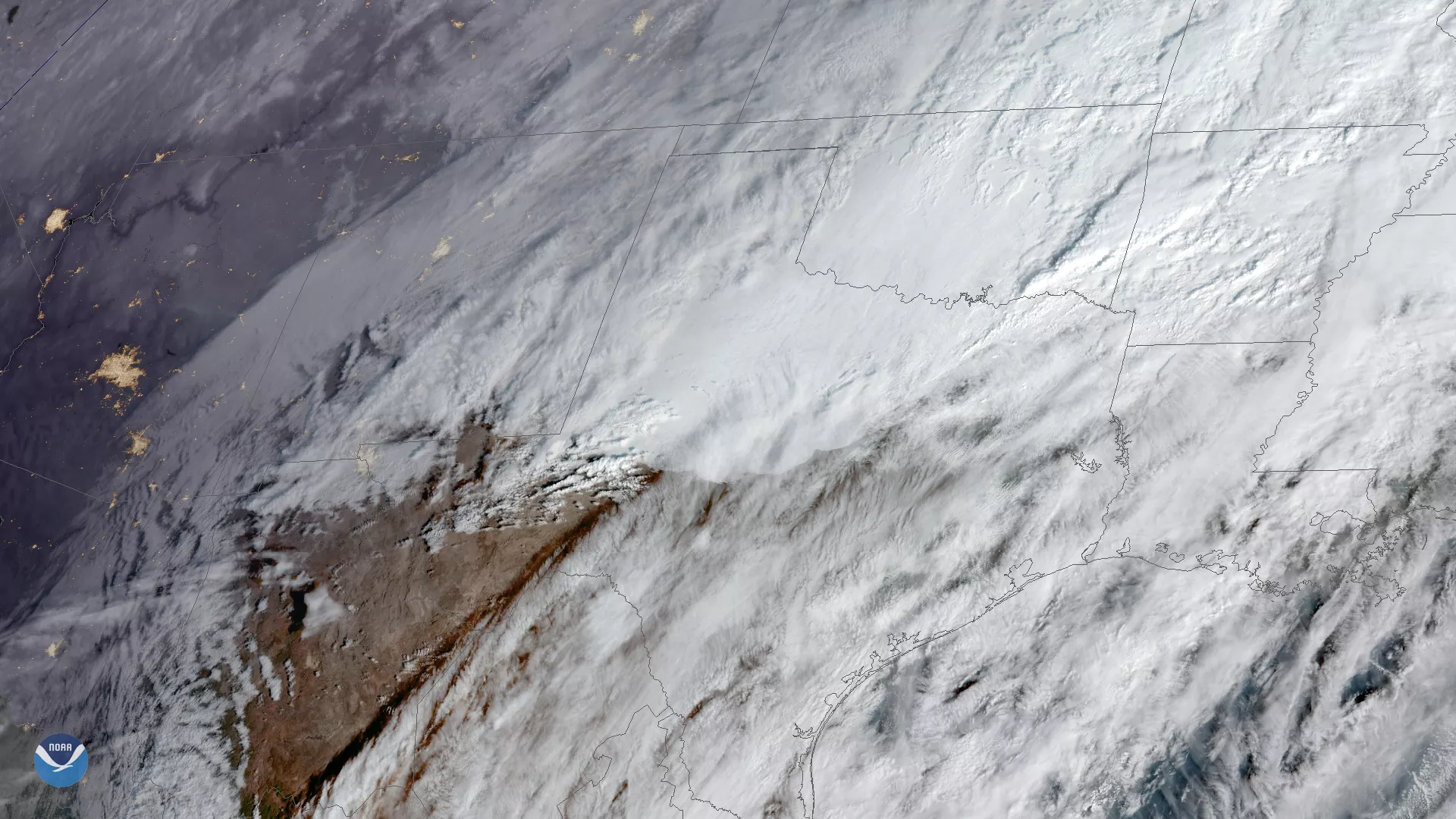 GOES-East GeoColor imagery of low-level stratus clouds as they moved across Texas behind a cold front, on Feb. 4, 2020.