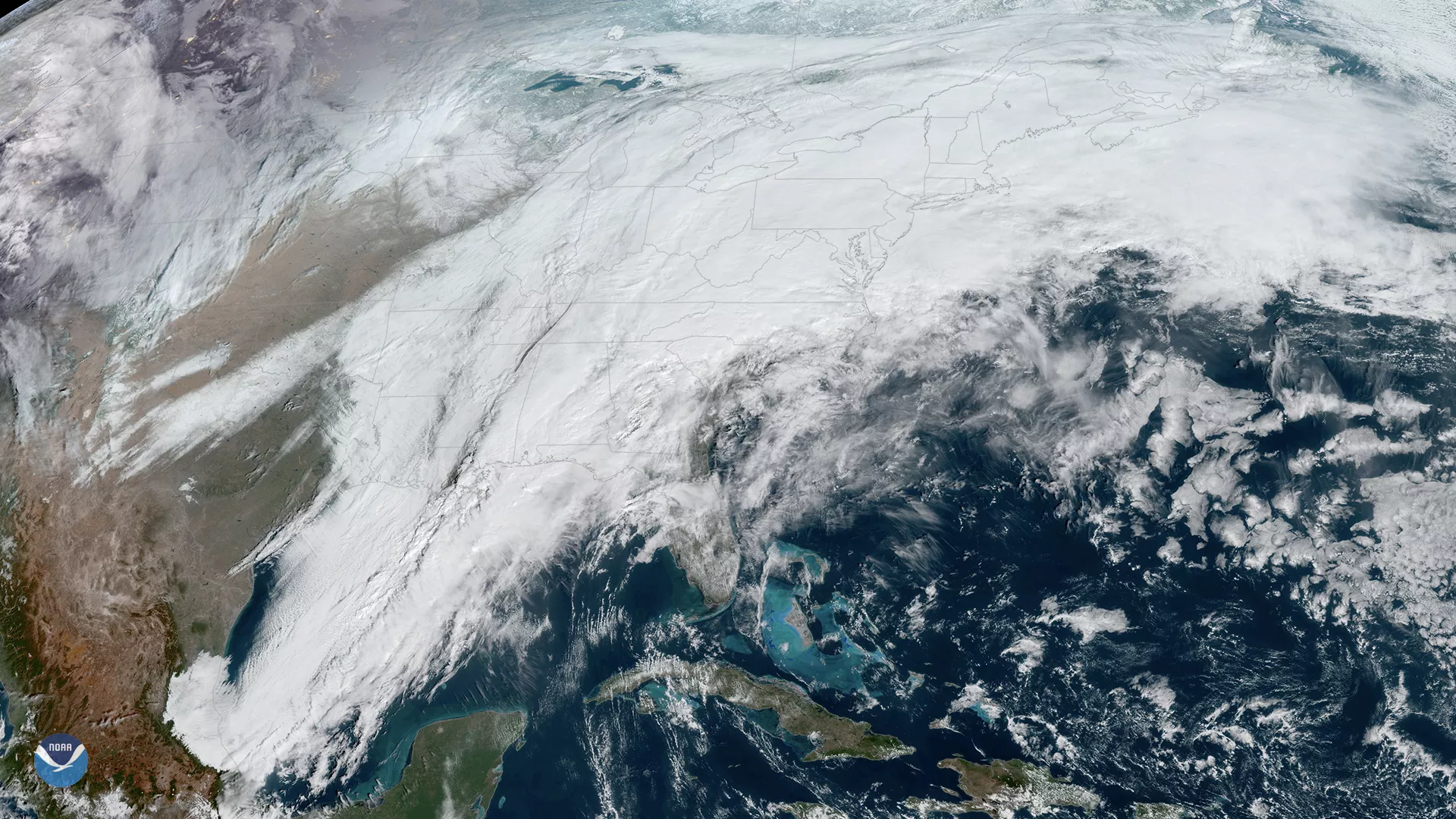 The GOES East satellite, via GeoColor, is watching a large winter storm stretching roughly 2,000 miles across the U.S., on Feb. 6, 2020.