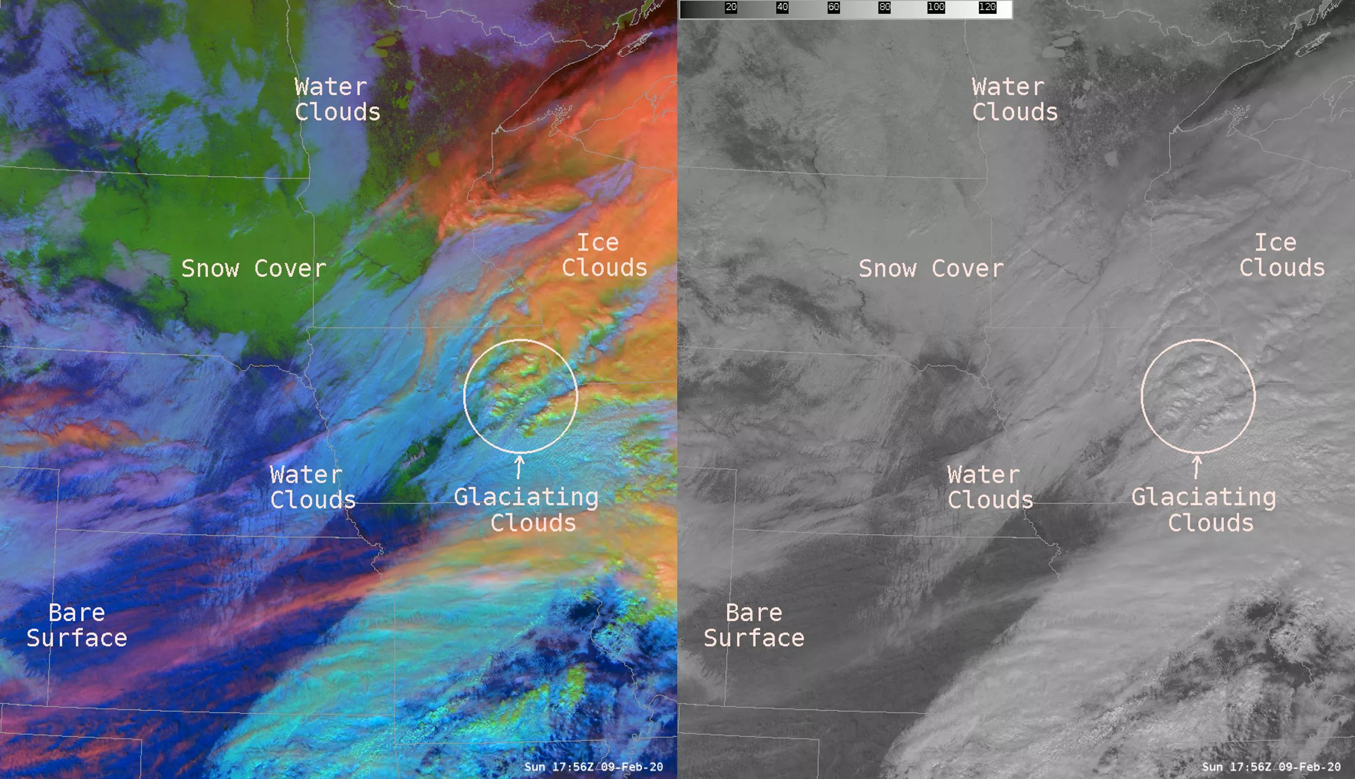 side-by-side comparison of the same scene. The RGB imagery clearly differentiates the water clouds (blue) from the ice clouds (yellow and green). In the visible imagery, everything is in grayscale and the types of clouds can not be differentiated from each other or the background surface.