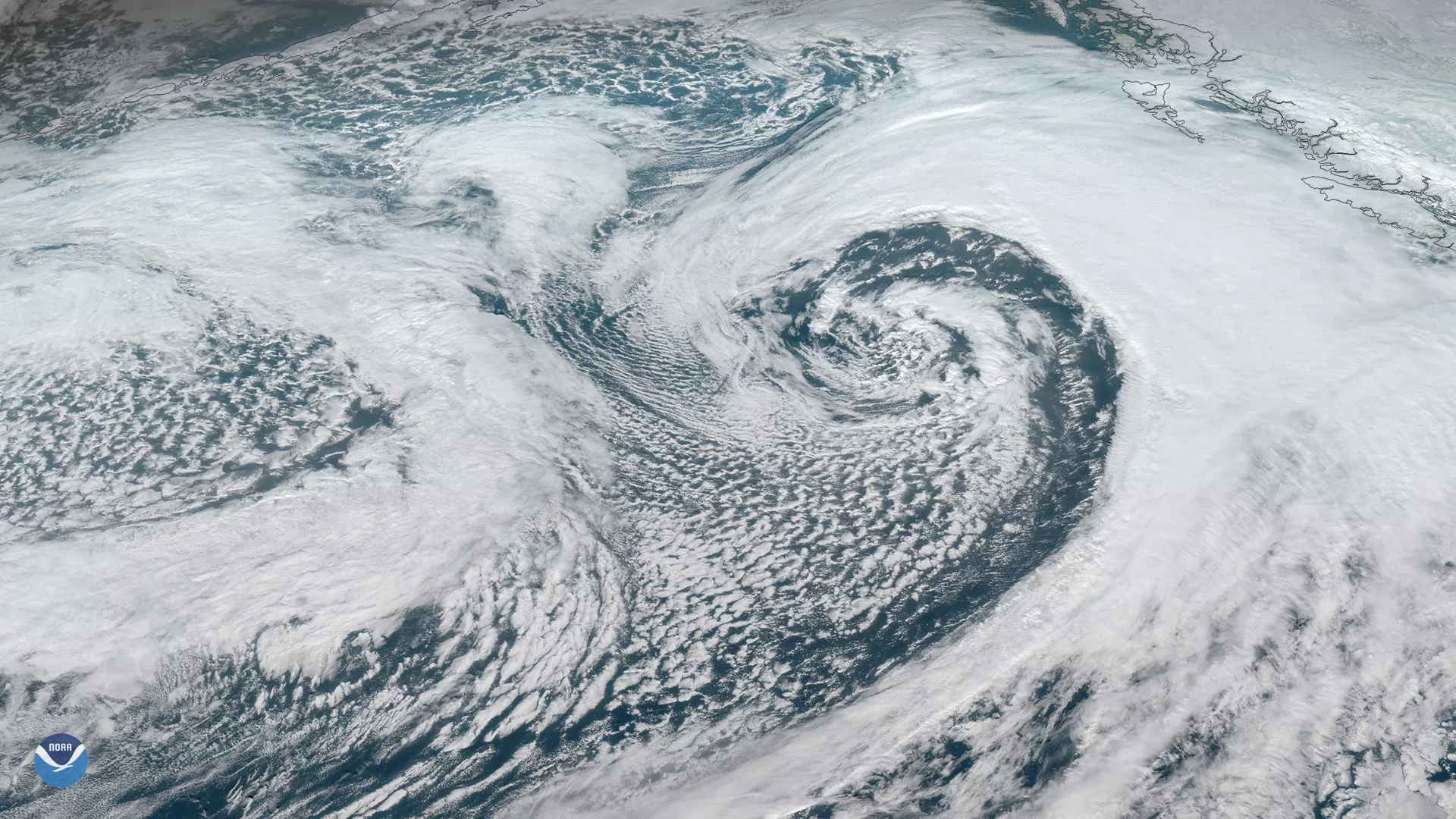 GOES West GeoColor imagery of low pressure system moving northward across Alaska’s eastern Aleutian Islands and western Peninsula in Feb. 2020.