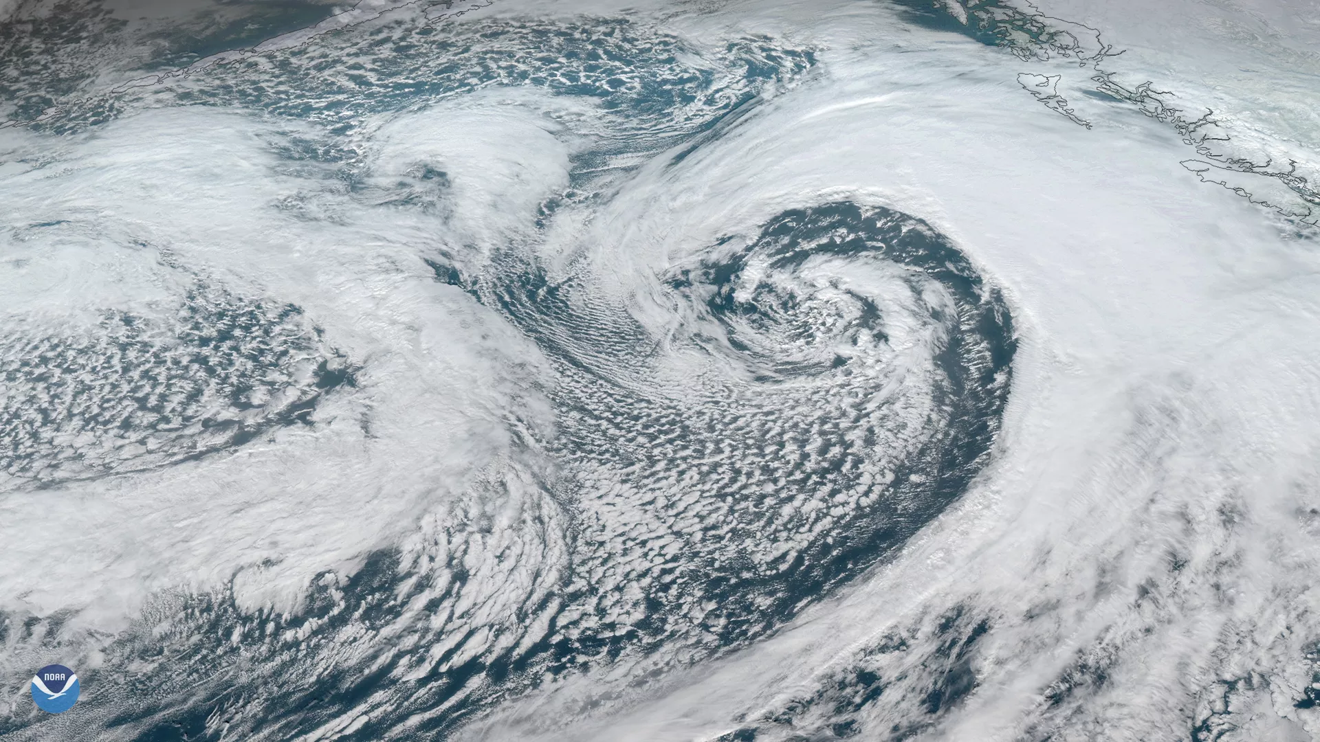 GOES West GeoColor imagery of low pressure system moving northward across Alaska’s eastern Aleutian Islands and western Peninsula in Feb. 2020. 