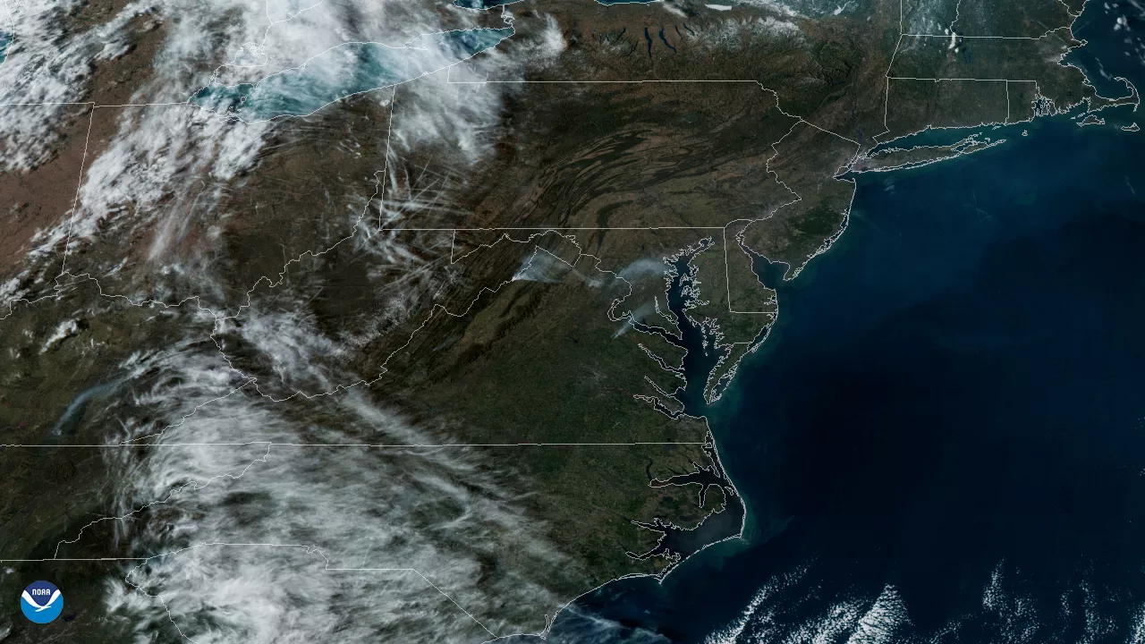 Imagery from GOES East of Virginia and Washington DC, showing areas with fire and smoke from prescribed burns, March 2020. 