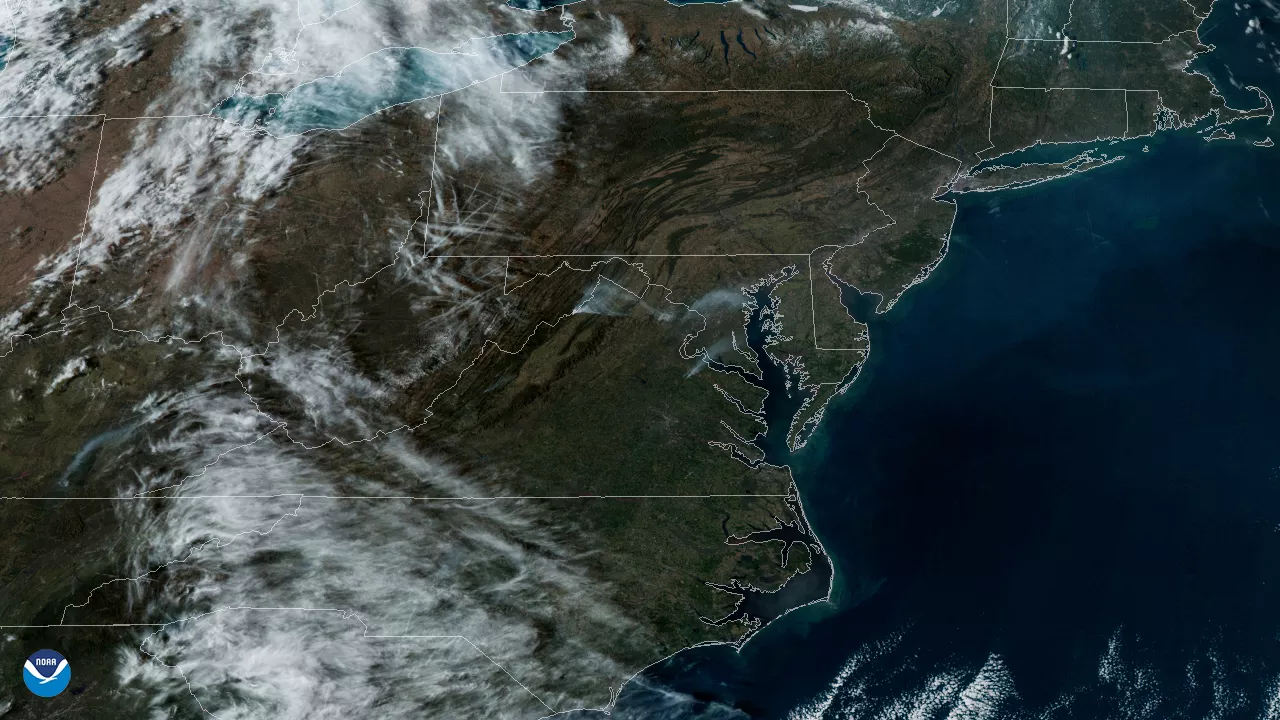 Imagery from GOES East of Virginia and Washington DC, showing areas with fire and smoke from prescribed burns, March 2020.