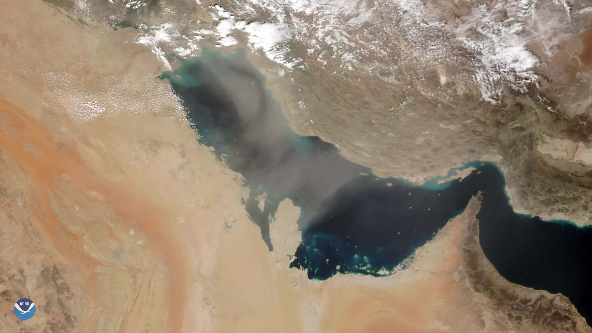 Dust blowing over the Persian Gulf on March 8, 2020. Image via NOAA-20.