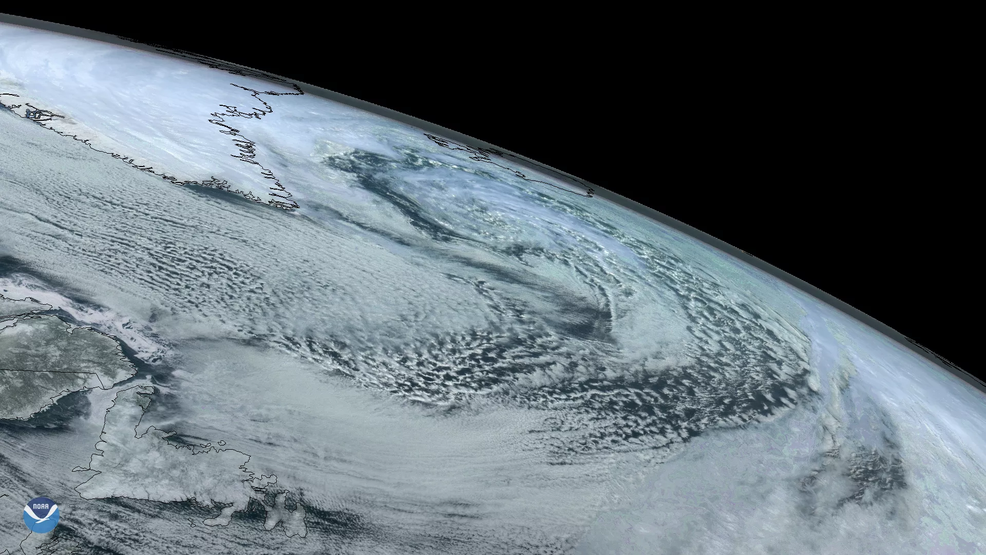 GOES East image of cyclone in North Atlantic via GeoColor, March 2020. 