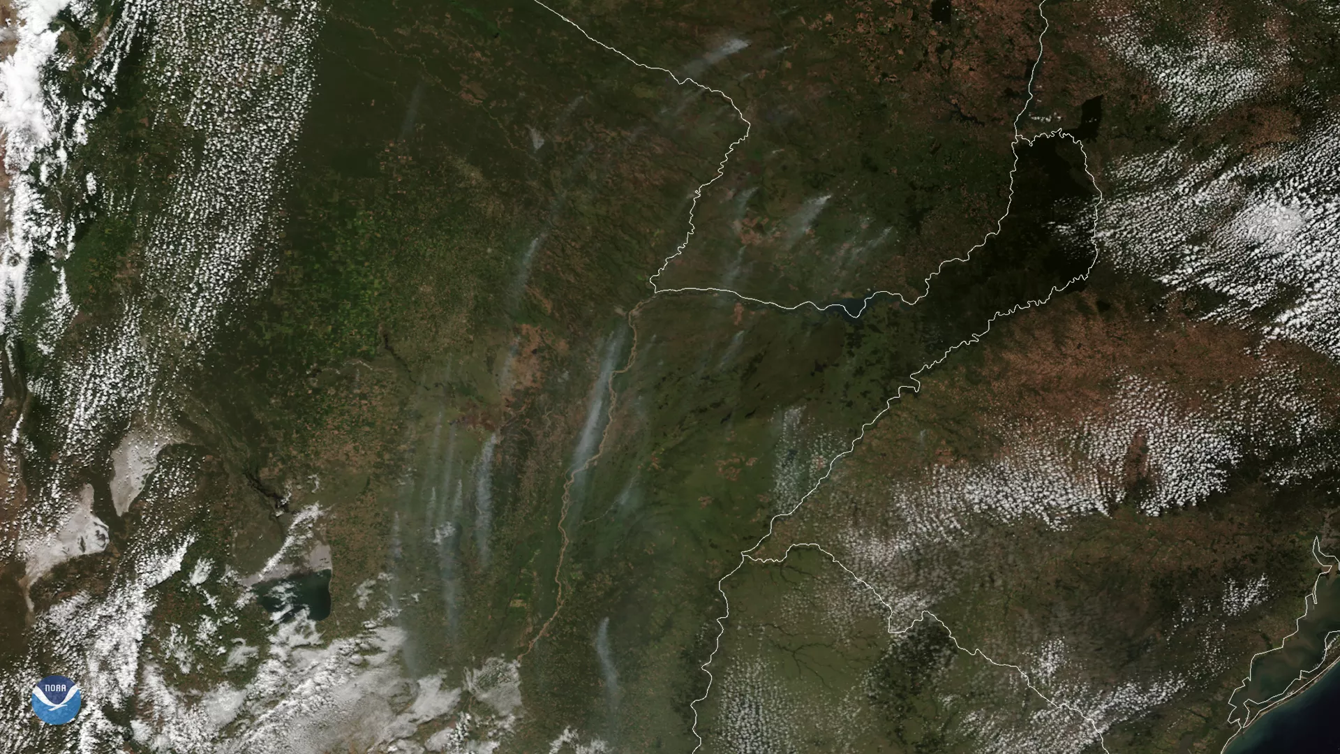 Smoke plumes from agricultural fires in Argentina and Paraguay from GOES East's GeoColor, March 2020. 