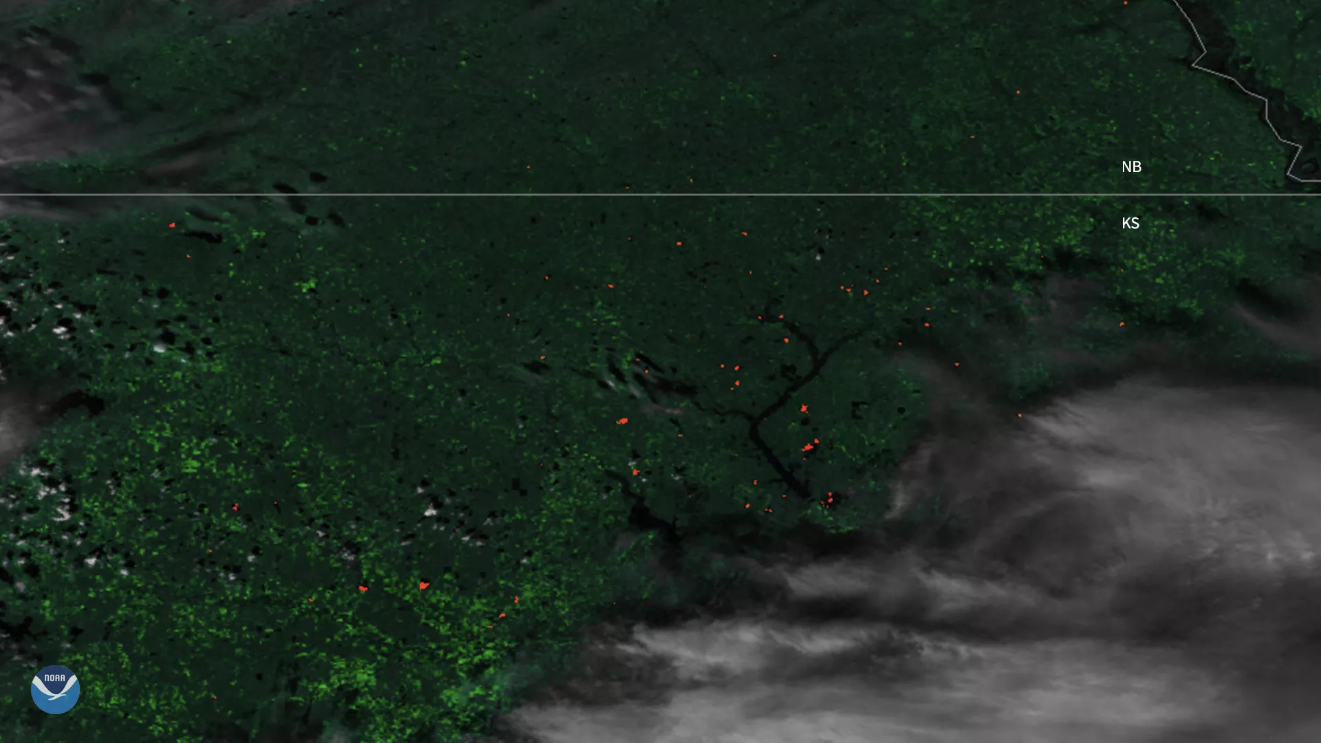Grass fires dot the landscape in this satellite image from Suomi-NPP. 