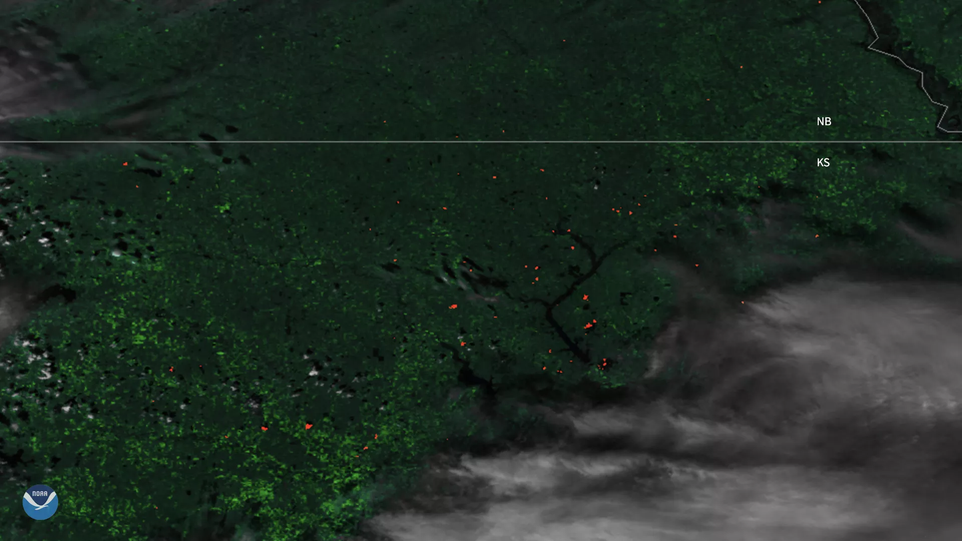 Grass fires dot the landscape in this satellite image from Suomi-NPP.