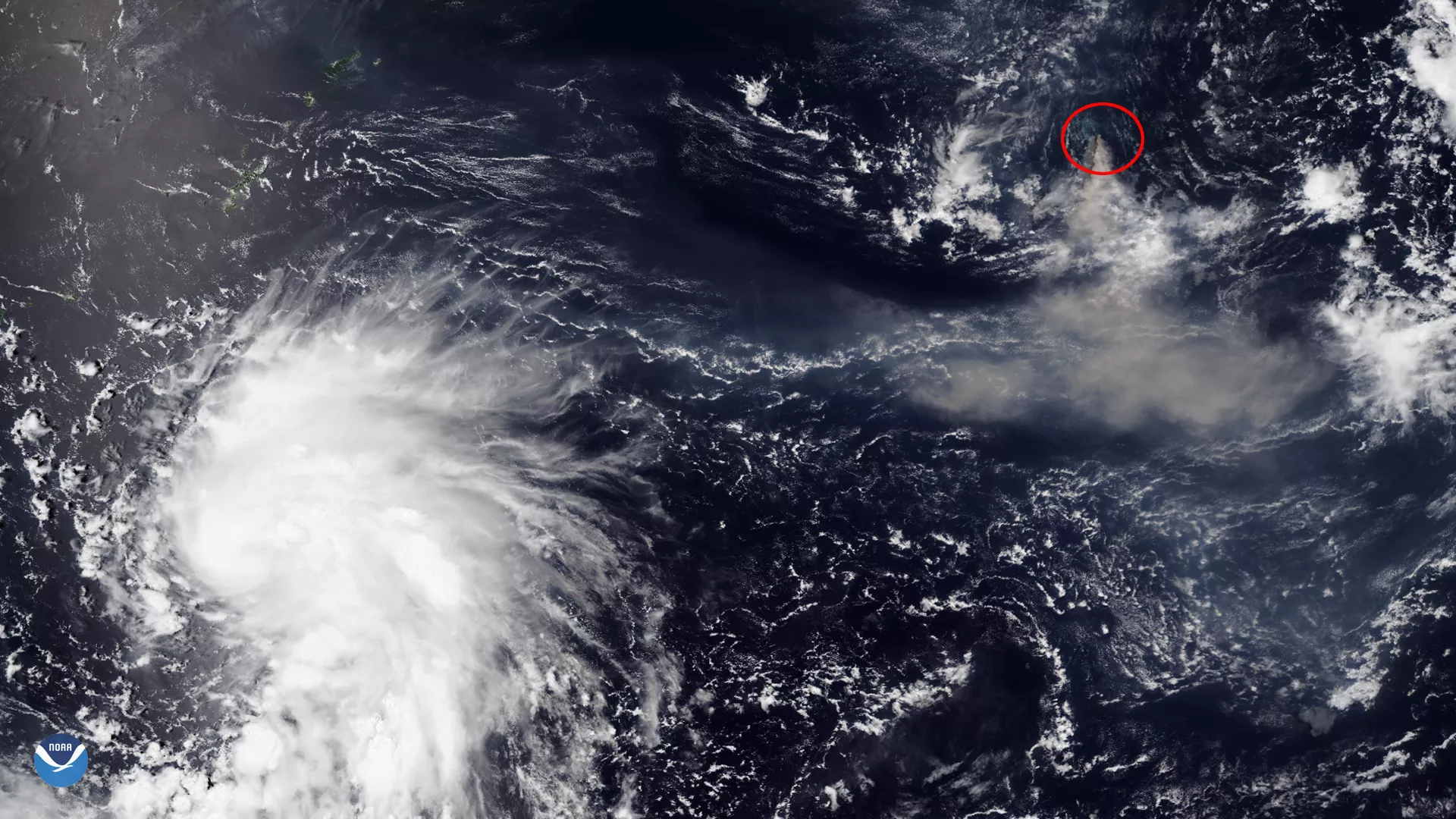 Another view of the system, via NOAA-20, captured on Aug. 1, 220. The Nishinoshima Volcano is circled in red.
