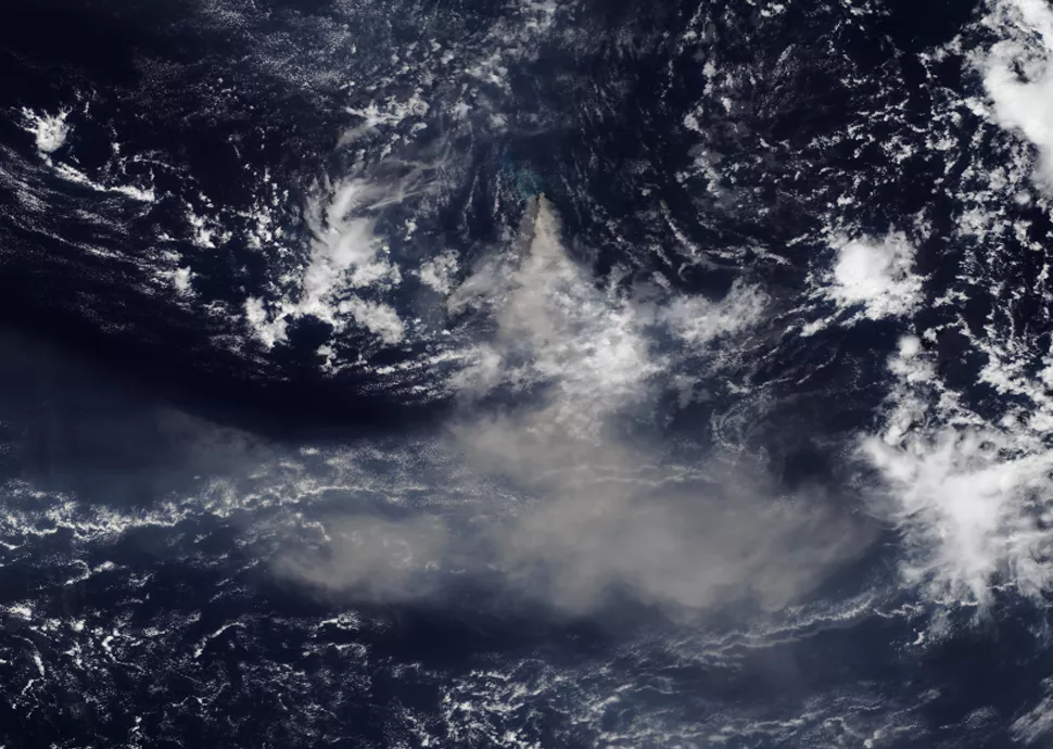 The ash plume from the Nishinoshima Volcano spreads on Aug. 1, 2020. Image via NOAA-20.