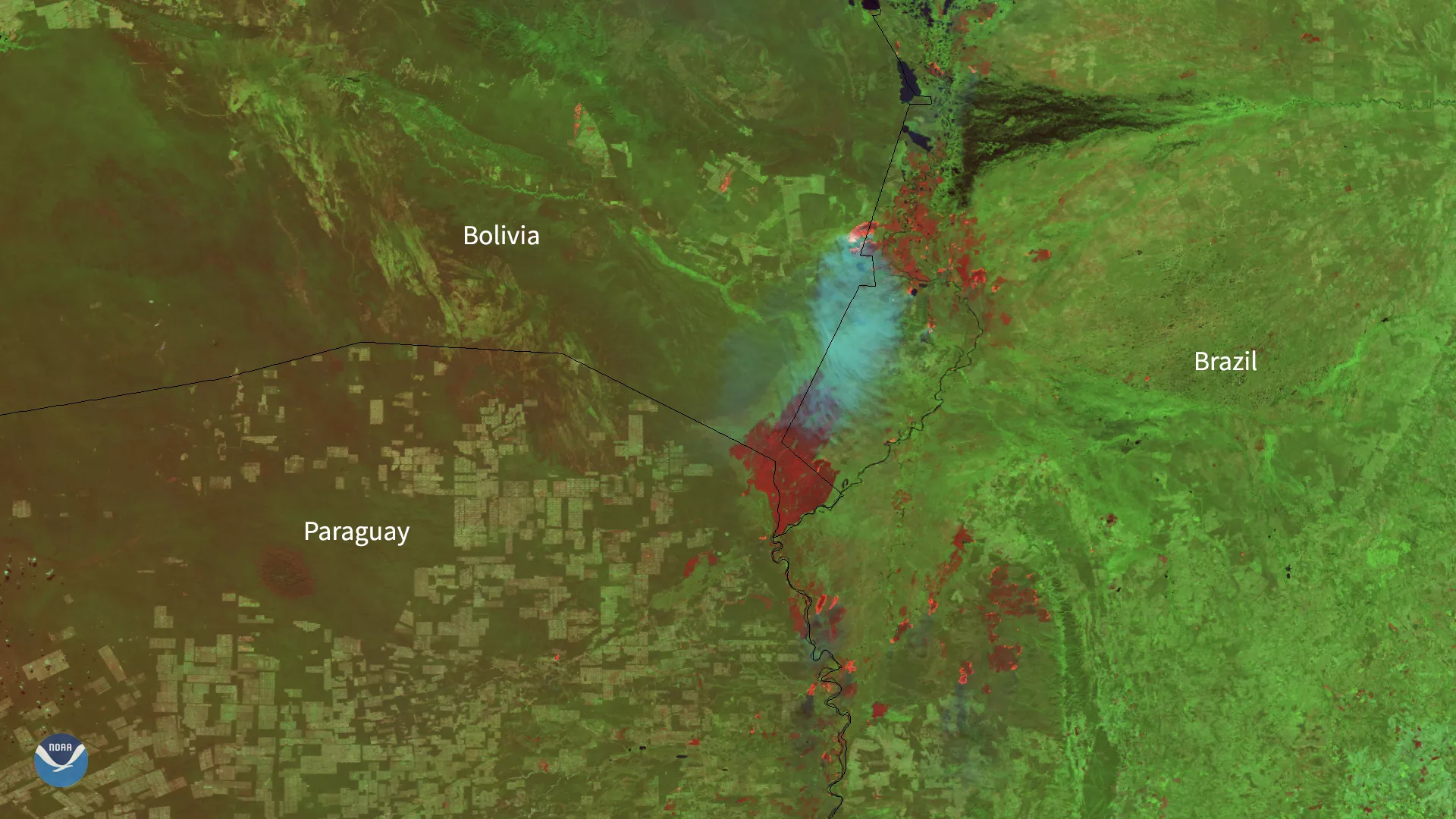 Imagery of Paraguay, Bolivia, and Brazil with fires. 