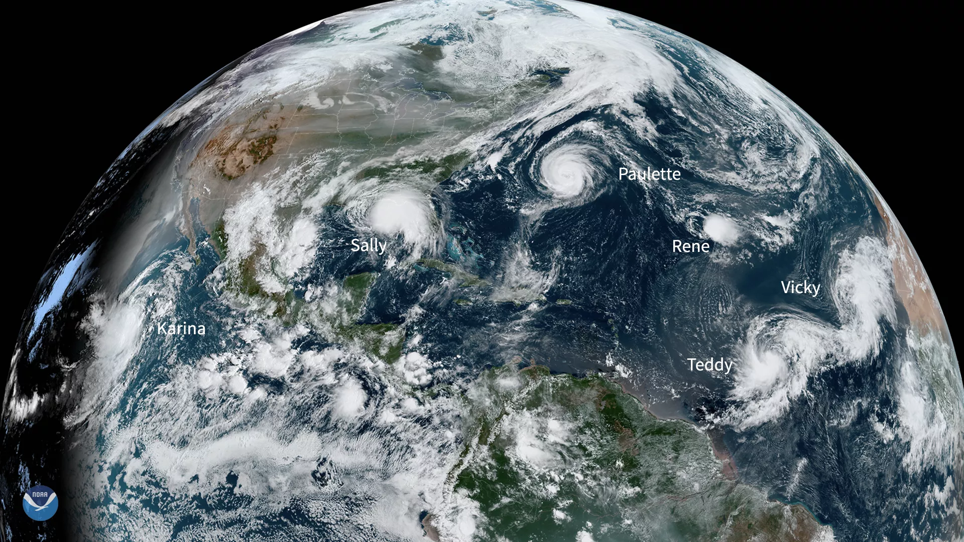 Satellite image showing six active tropical systems